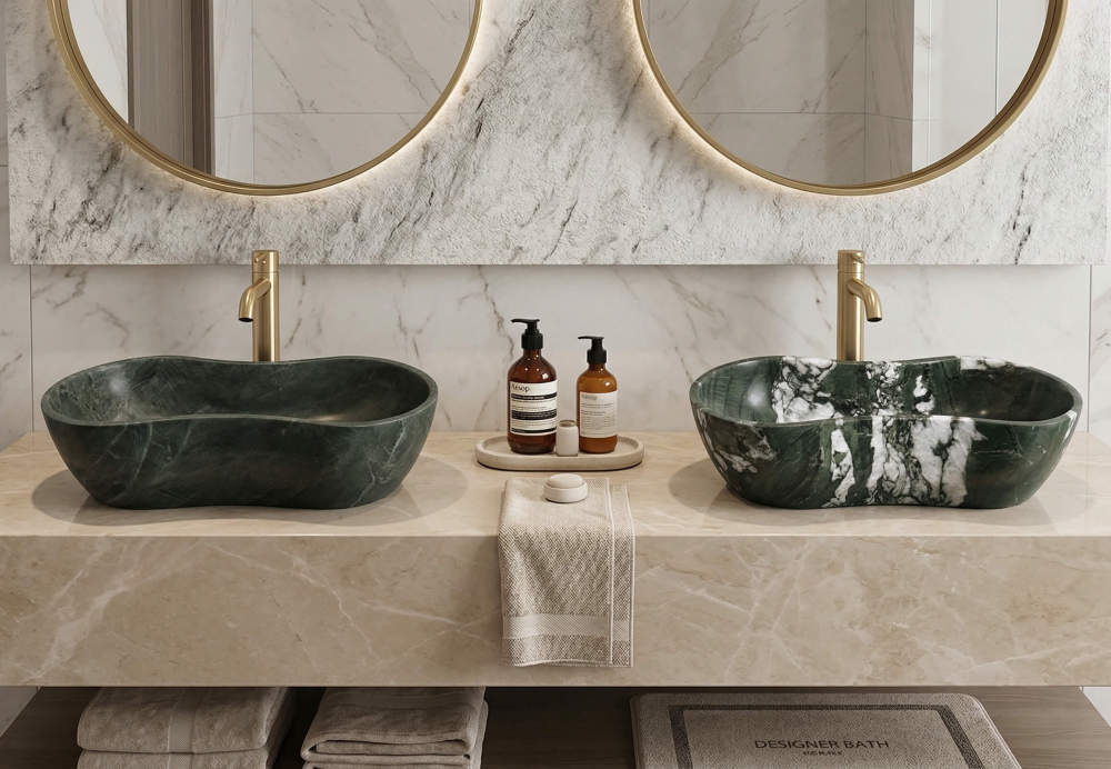 High-end master bathroom with double Diamond Green wavy marble sinks on a beige marble vanity, paired with round backlit mirrors and white marble wall panels.