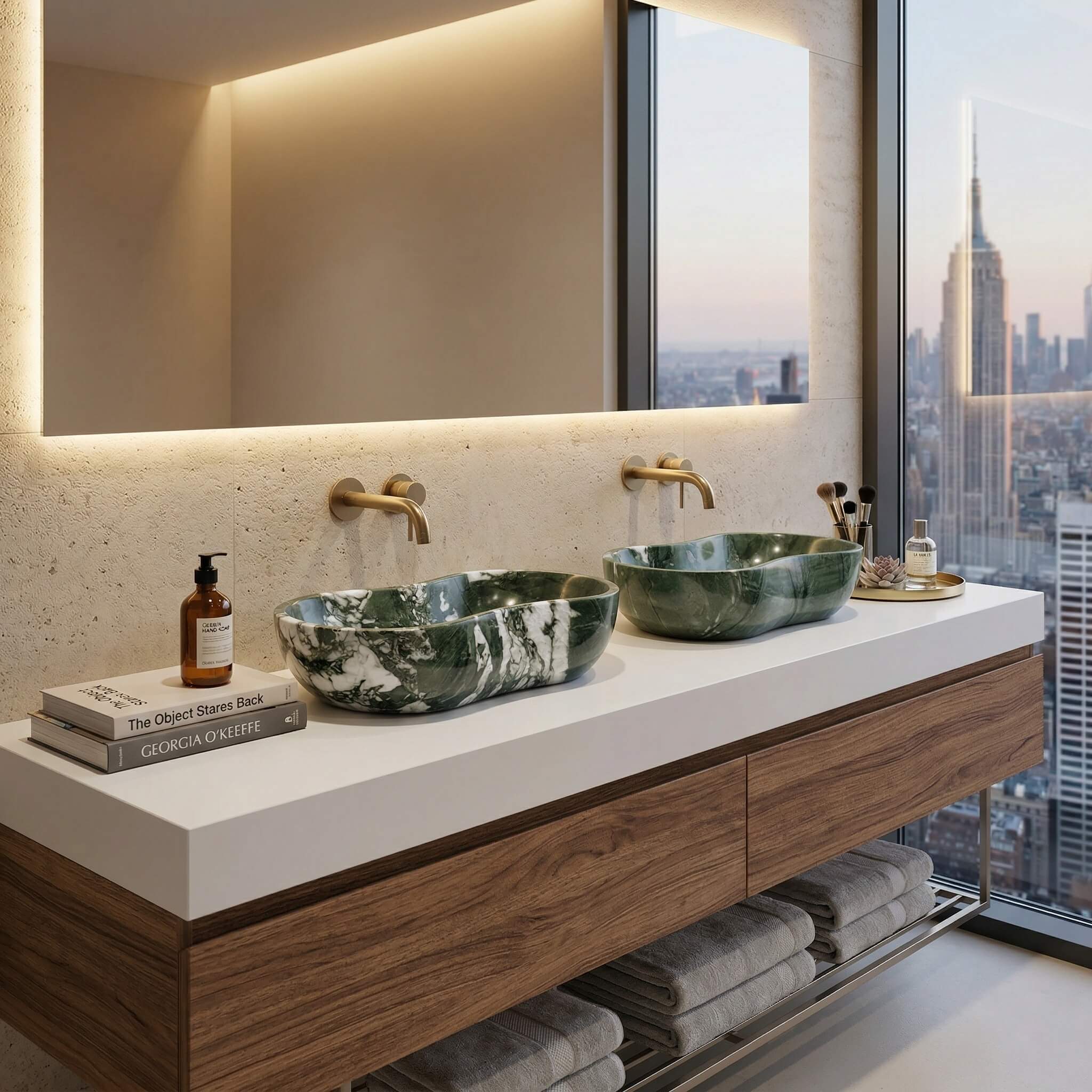 Luxury master bathroom featuring double Diamond Green marble vessel sinks on a wood floating vanity, gold wall-mounted faucets, and a panoramic window view of the Empire State Building.