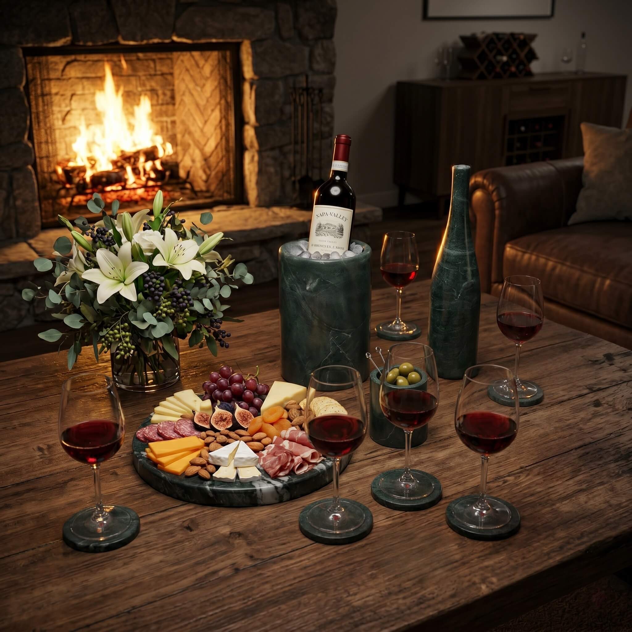Natural green marble charcuterie board with red wine and flowers on a rustic wooden table by a stone fireplace.