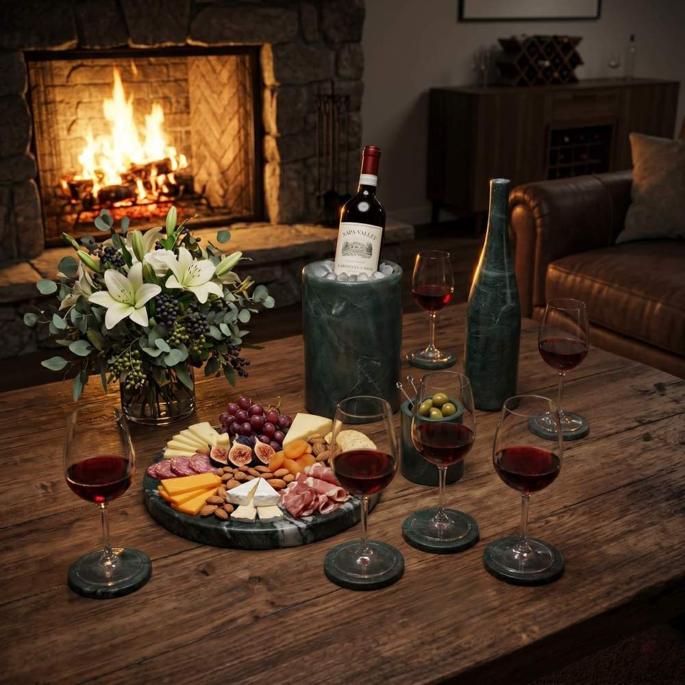 Natural green marble charcuterie board with red wine and flowers on a rustic wooden table by a stone fireplace.