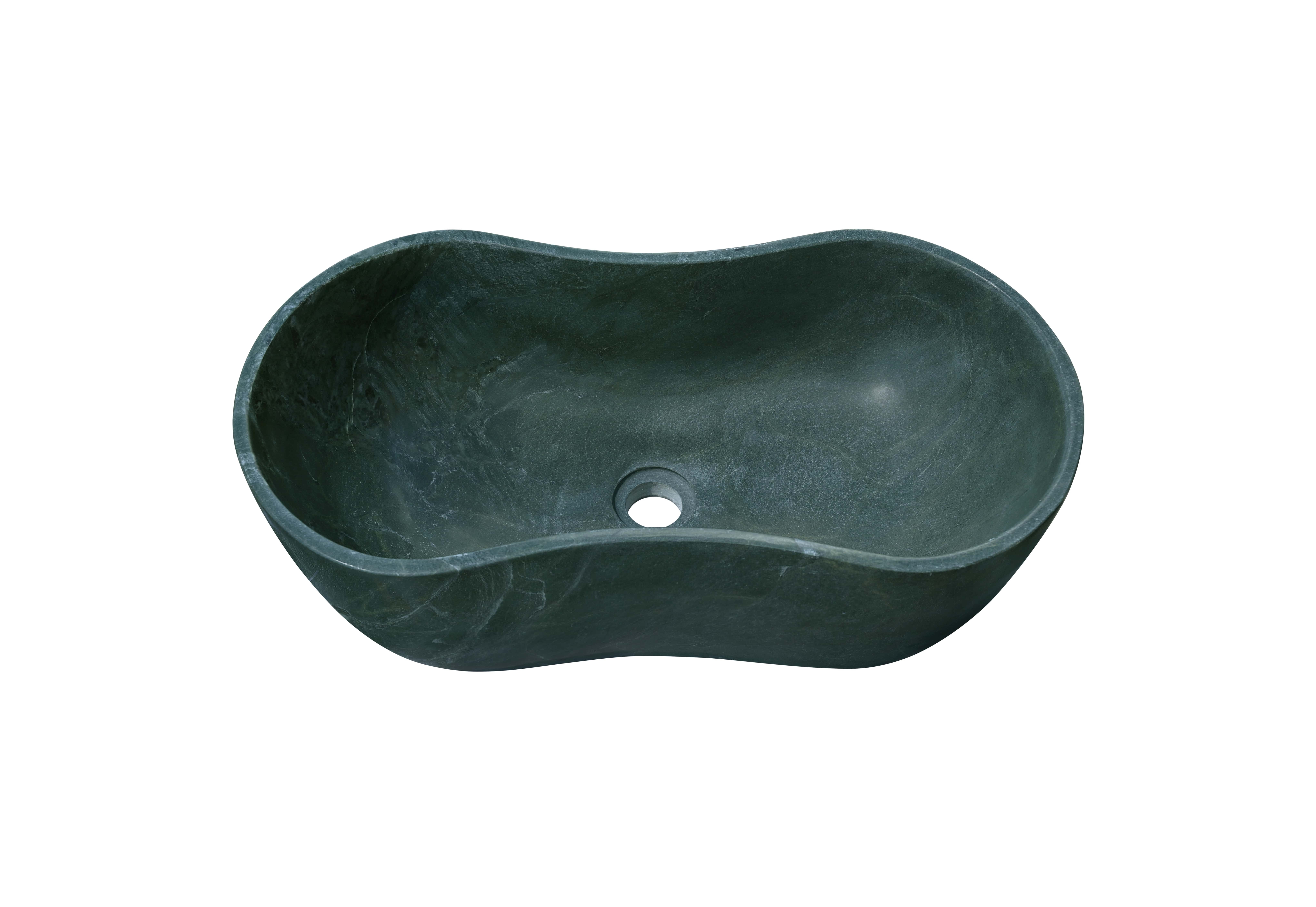 Eye-level front view of the dark emerald green marble bathroom basin, showcasing its 7.1-inch height and seamless carved construction.