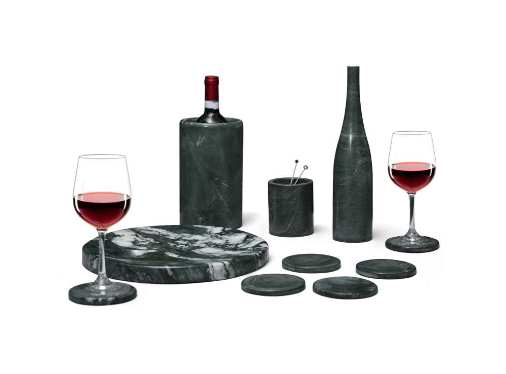 10-piece Diamond Green marble set featuring a wine bottle in the chiller, two red wine glasses on coasters, and olive picks in a container.
