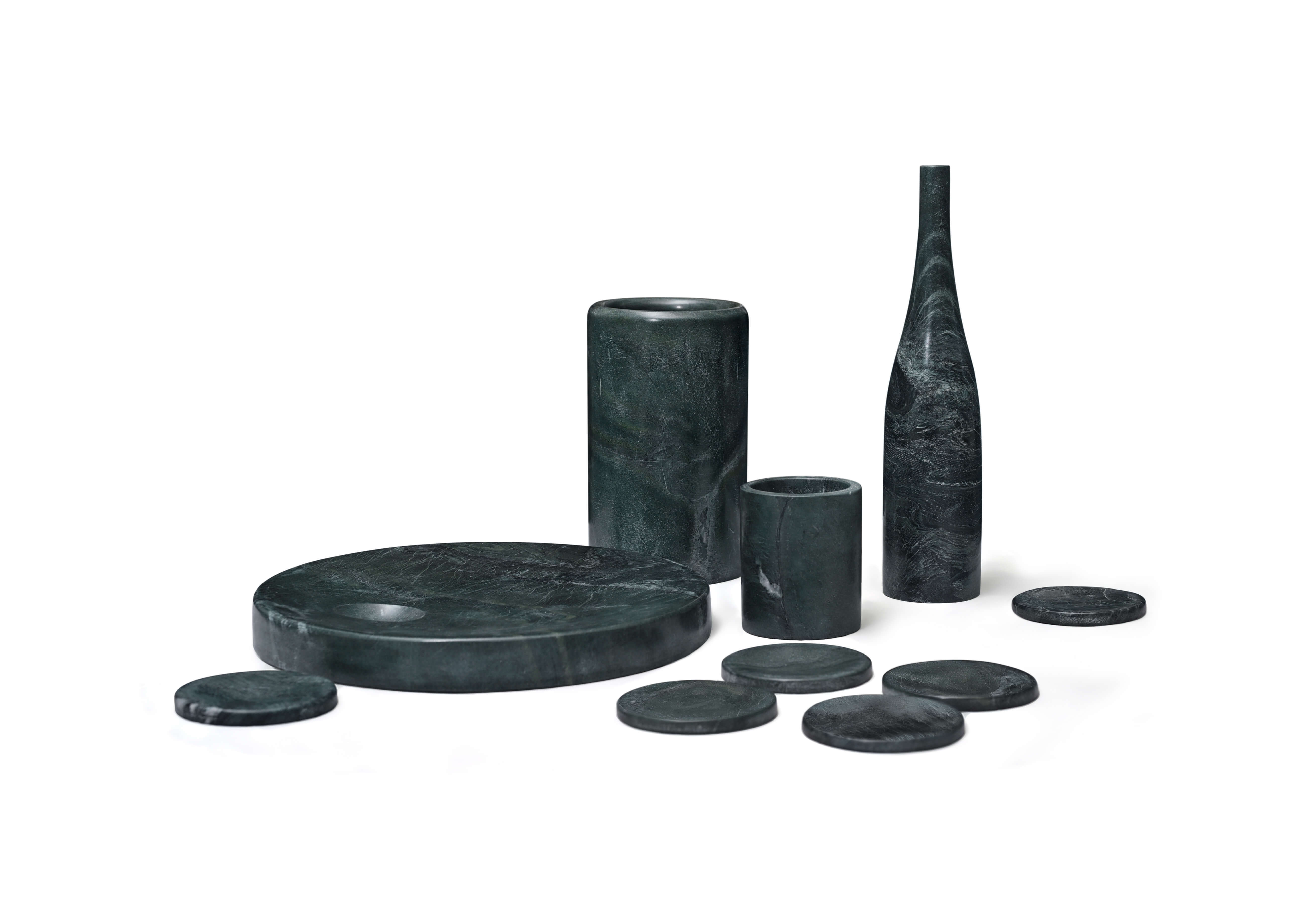 A complete 10-piece Diamond Green natural marble dining accessory set with a matte finish, including a wine cooler, vase, tray, and coasters.