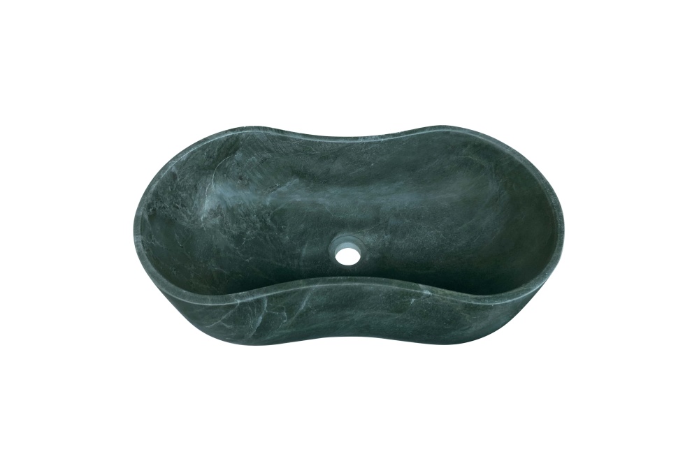 High-polished Diamond Green natural marble vessel sink featuring a unique wavy silhouette and deep forest green veining for luxury bathroom vanities.