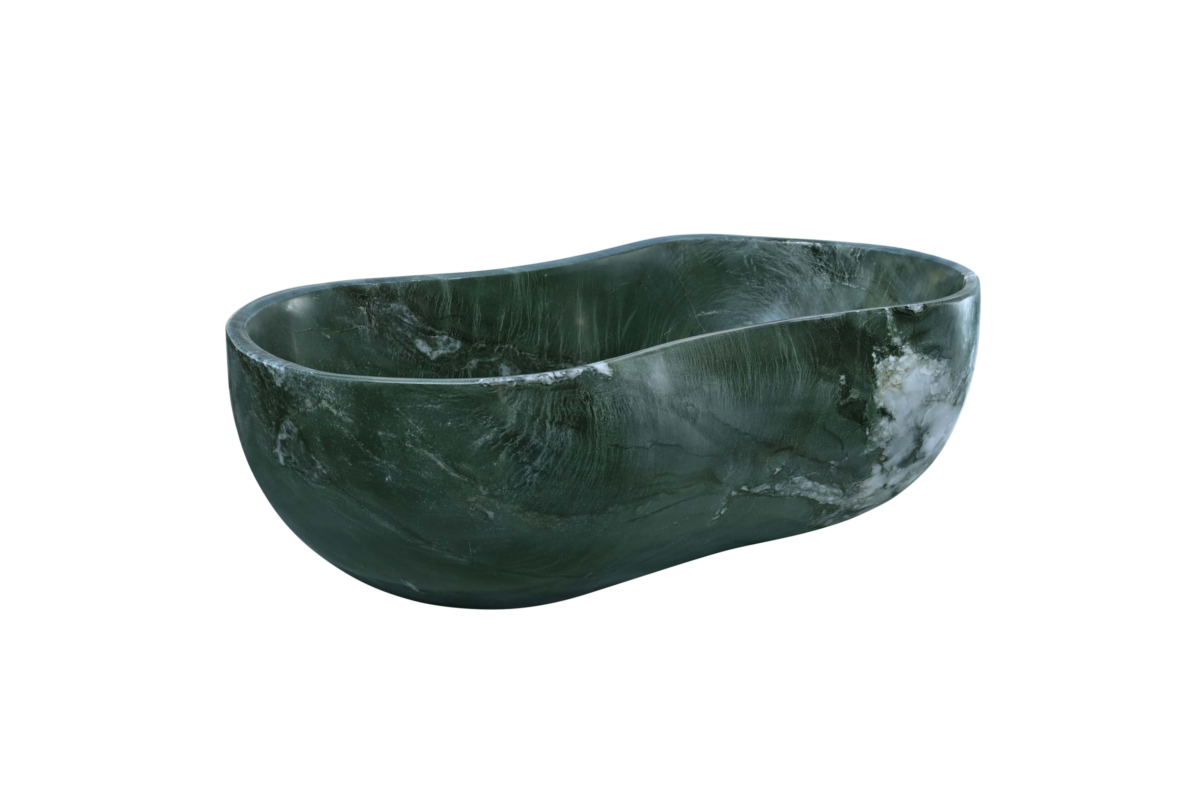 Oblique left-angle view of the Diamond Green natural marble vessel sink, showing the polished wavy rim and dark forest green tones.