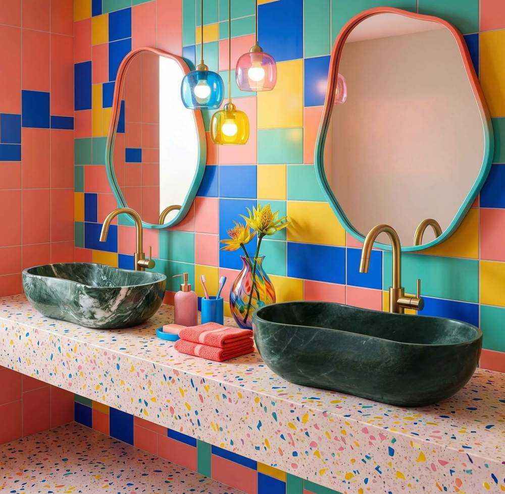 Vibrant bathroom featuring two Diamond Green wavy marble sinks on a pink terrazzo countertop against a multi-colored square tile wall with organic-shaped mirrors.