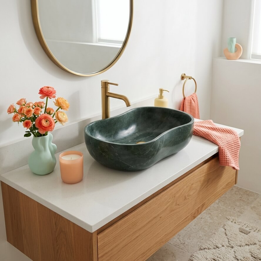 Organic modern bathroom setup featuring a Diamond Green marble wavy sink on a white quartz top and light oak floating vanity, accented with gold hardware and peach-colored floral decor.