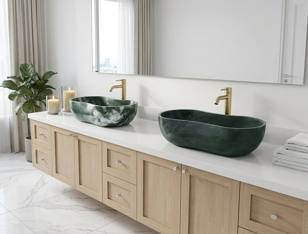 Pair of Diamond Green natural marble wavy sinks on a white quartz countertop with a light oak floating vanity, styled with gold faucets and marble-patterned floor tiles.