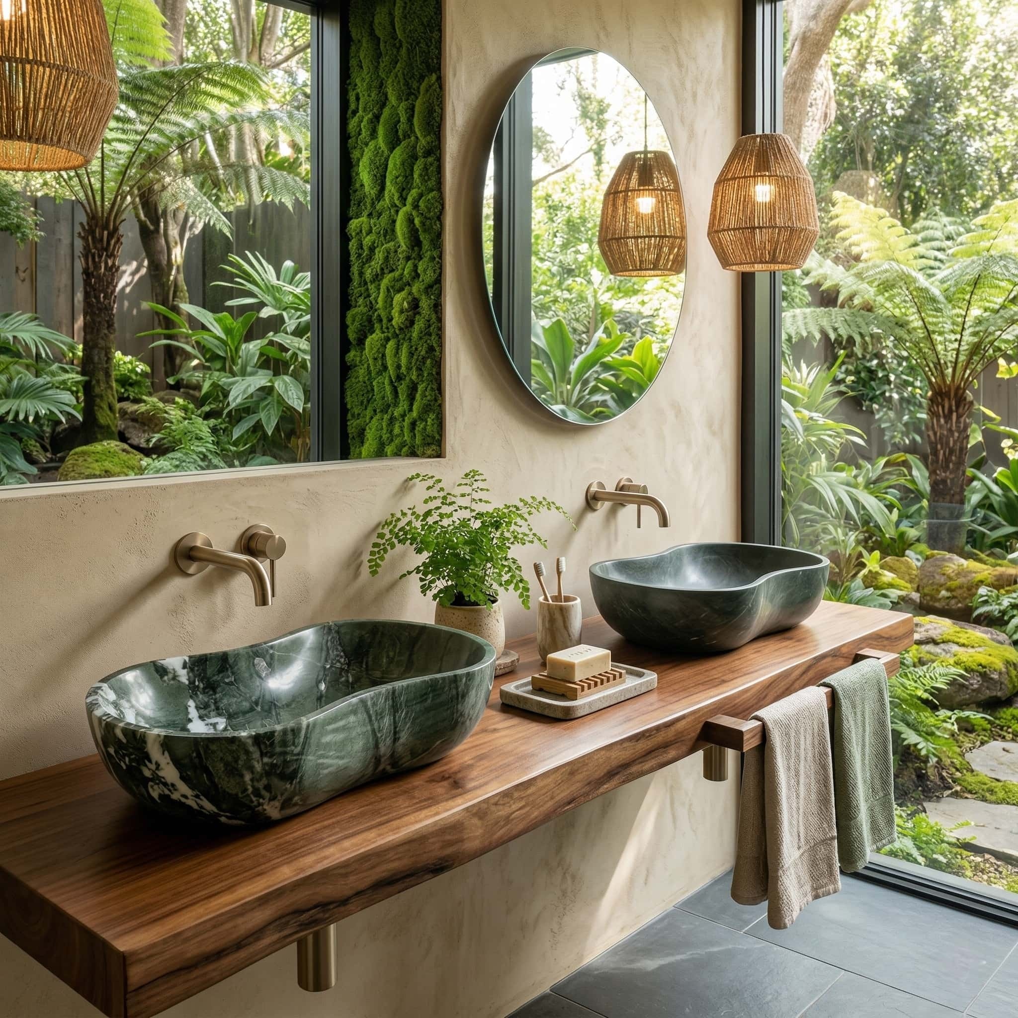 Two Diamond Green wavy marble vessel sinks installed on a rustic live-edge walnut wood vanity, featuring brushed gold wall faucets and woven rattan pendant lights in a biophilic bathroom.