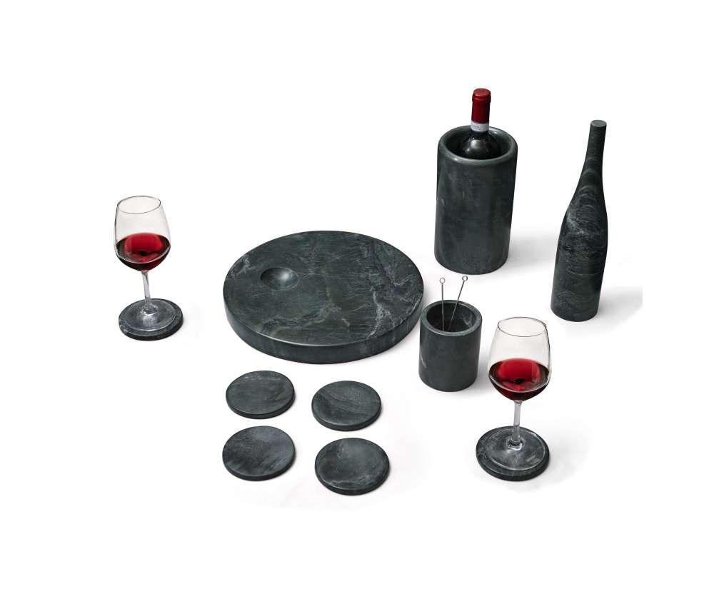 Diamond Green natural marble dining set with wine accessories and circular coasters, showcasing the organic patterns of 100% genuine stone.