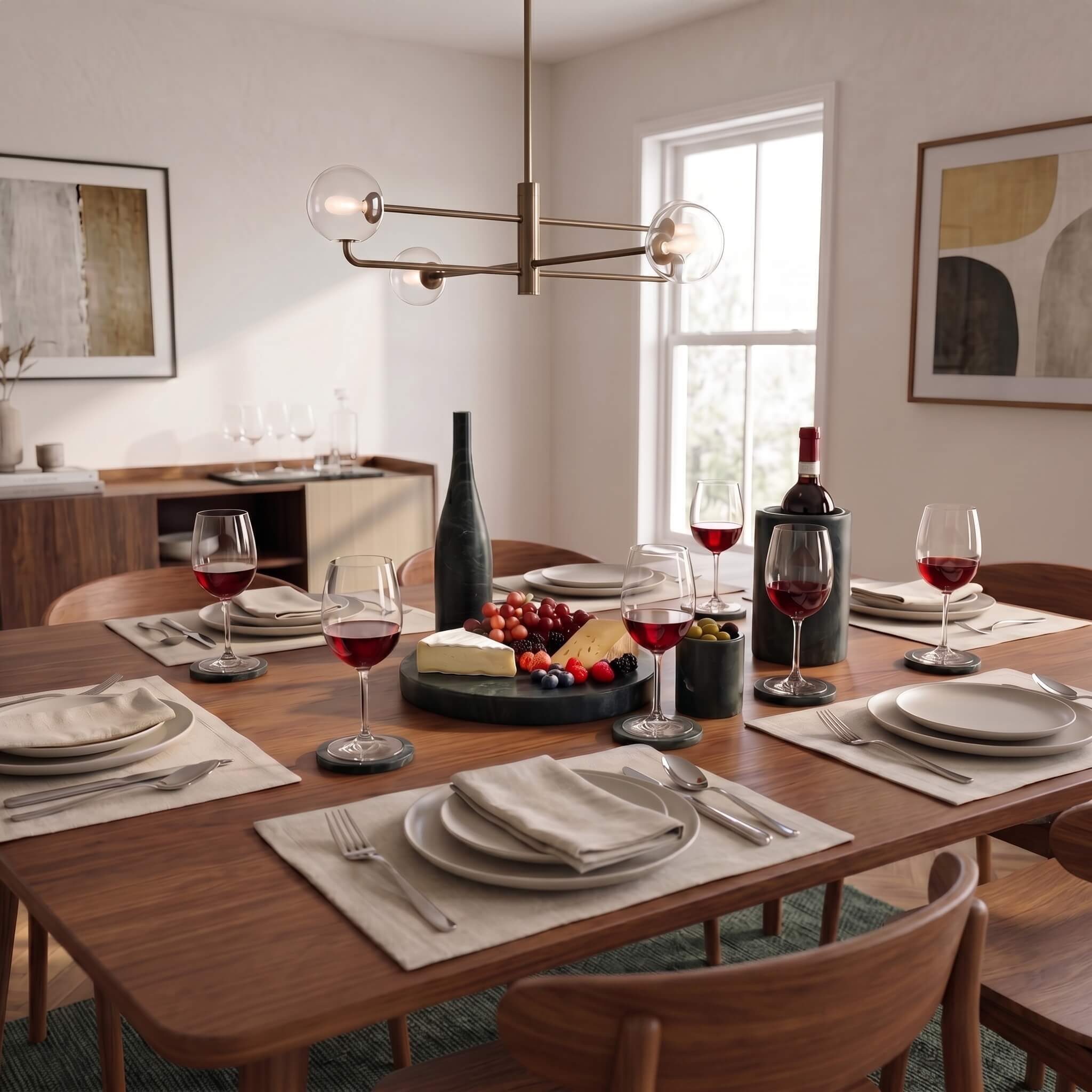 Sophisticated indoor dining room setting with a Diamond Green marble wine cooler, coasters, and a cheese platter on the circular stone tray.