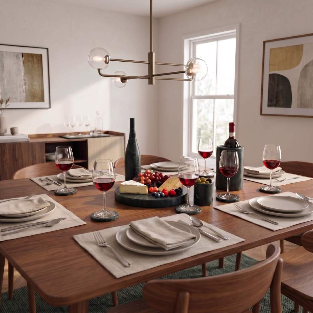 Sophisticated indoor dining room setting with a Diamond Green marble wine cooler, coasters, and a cheese platter on the circular stone tray.