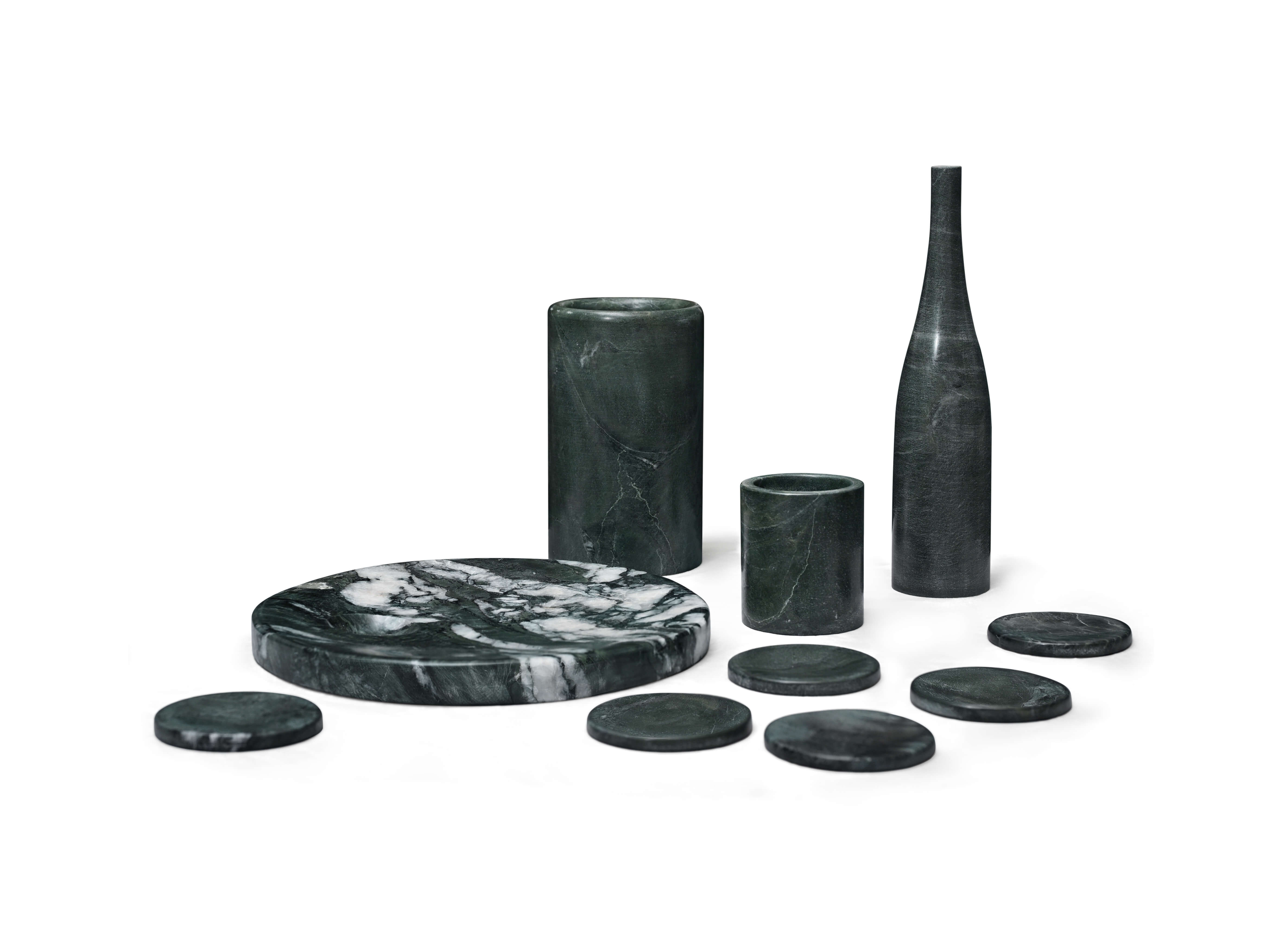 Luxury dark green marble wine bottle cooler bucket paired with 6 matching circular marble coasters for home bar decor.