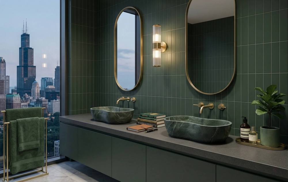 Dual Diamond Green marble sinks on a dark grey countertop against a green vertical tile wall, overlooking the Chicago Willis Tower skyline through a large floor-to-ceiling window.