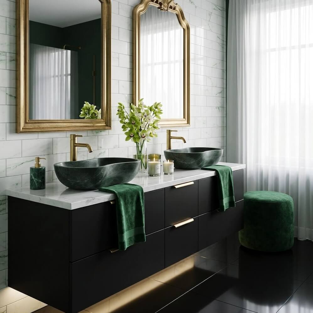 Two dark green marble wavy sinks on a white marble top matte black vanity, complemented by ornate gold mirrors, a green velvet ottoman, and emerald green bathroom walls.