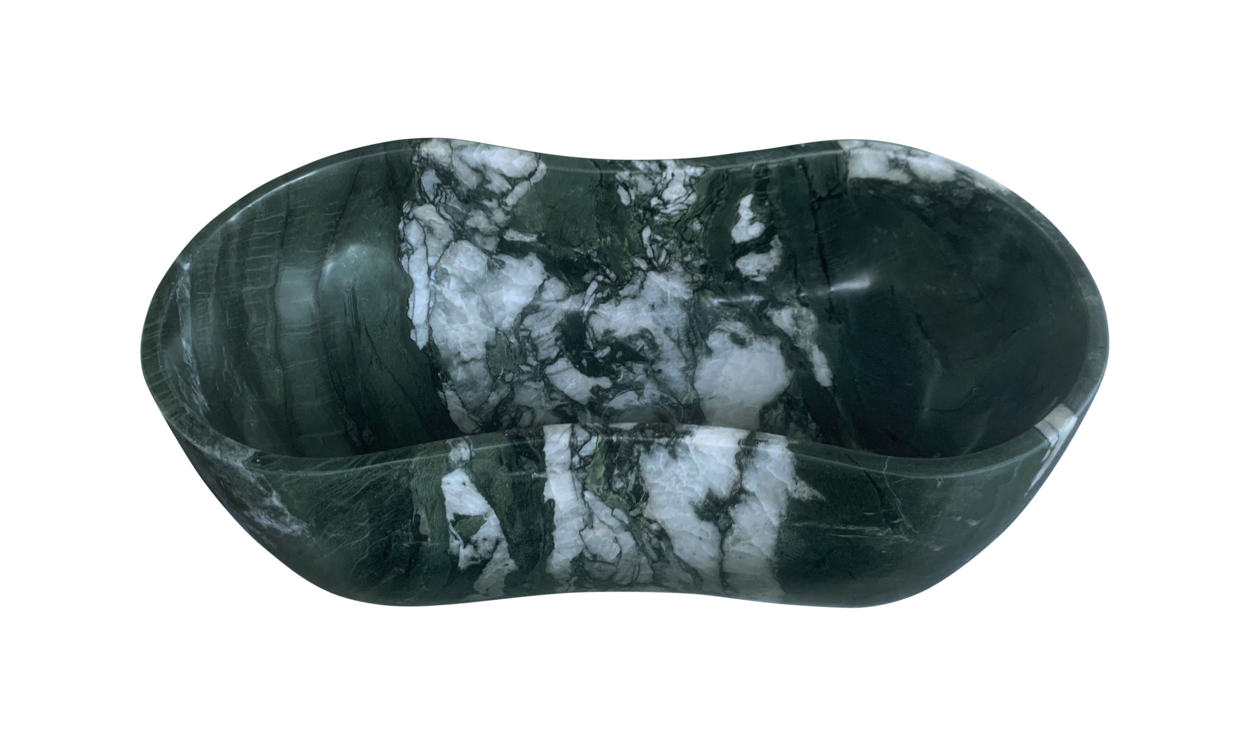 One-of-a-kind natural marble vessel sink in Diamond Green with dramatic white and light green crystalline veining, showcasing 100% real stone authenticity.