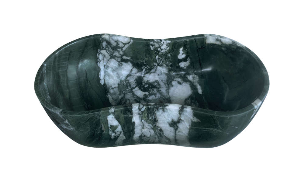 One-of-a-kind natural marble vessel sink in Diamond Green with dramatic white and light green crystalline veining, showcasing 100% real stone authenticity.