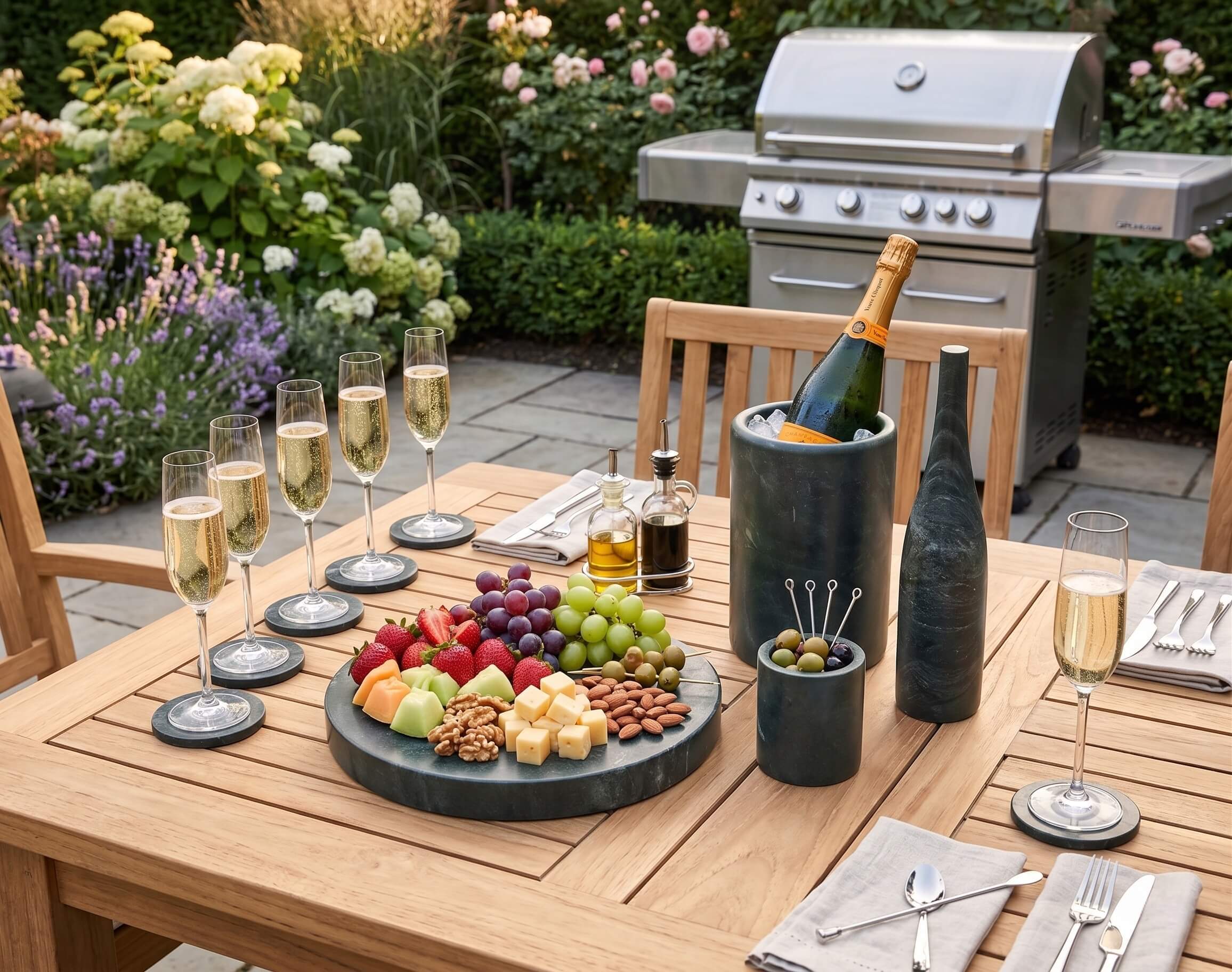 Diamond Green marble wine chiller and fruit tray on a teak table in an outdoor garden with BBQ background.