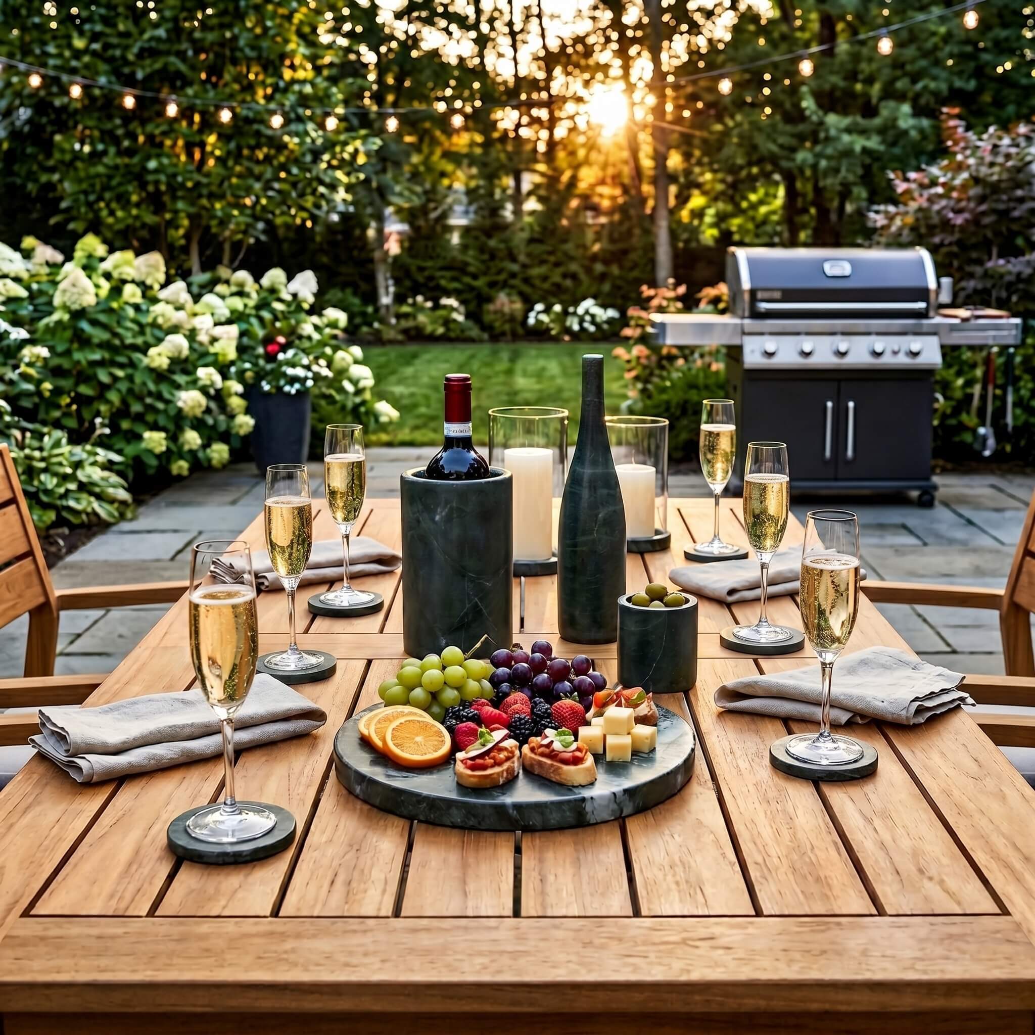 Diamond Green marble 10-piece set used for outdoor patio dining on a wooden table, featuring a fruit platter on the marble tray and champagne glasses.