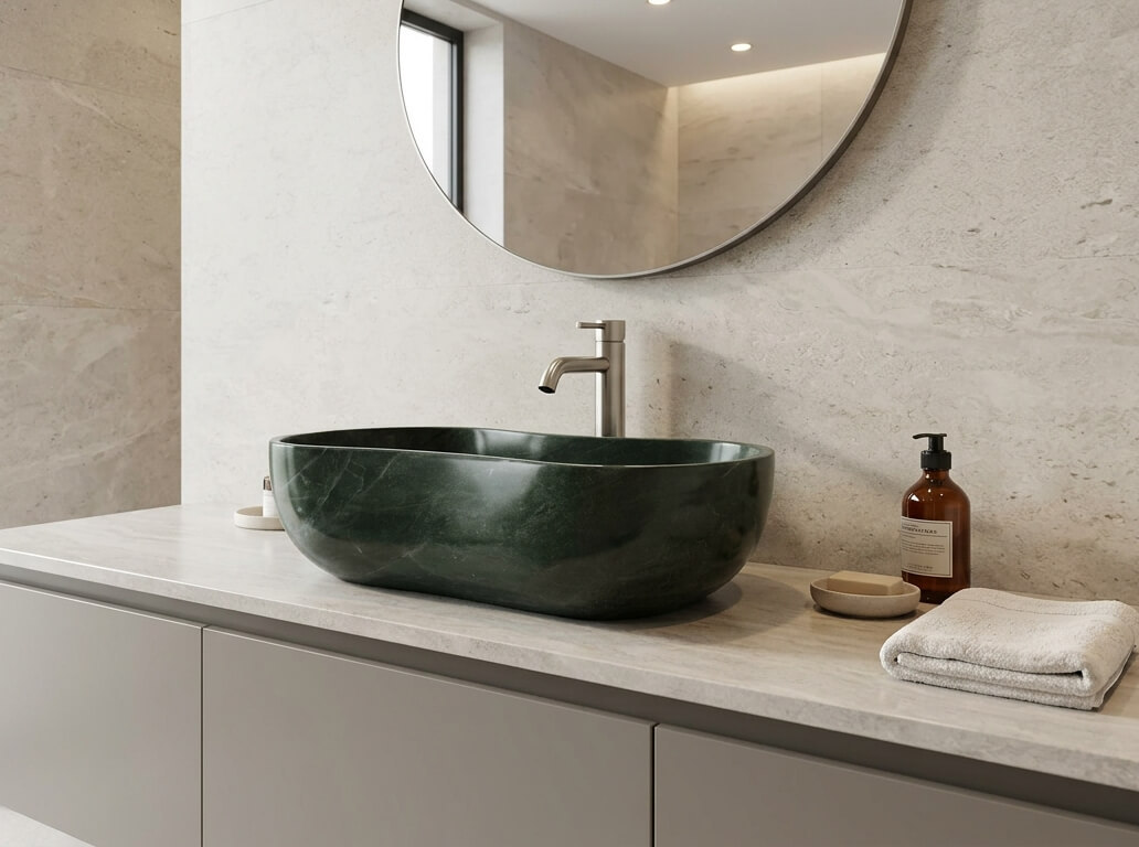 Polished Diamond Green marble bathroom sink with deep green tones, styled with a brushed nickel faucet on a light beige stone countertop against a cream textured tile wall.