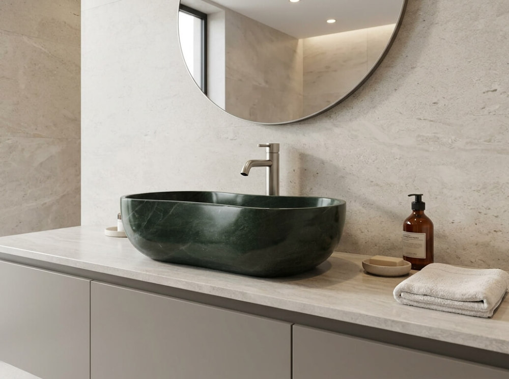 Polished Diamond Green marble bathroom sink with deep green tones, styled with a brushed nickel faucet on a light beige stone countertop against a cream textured tile wall.