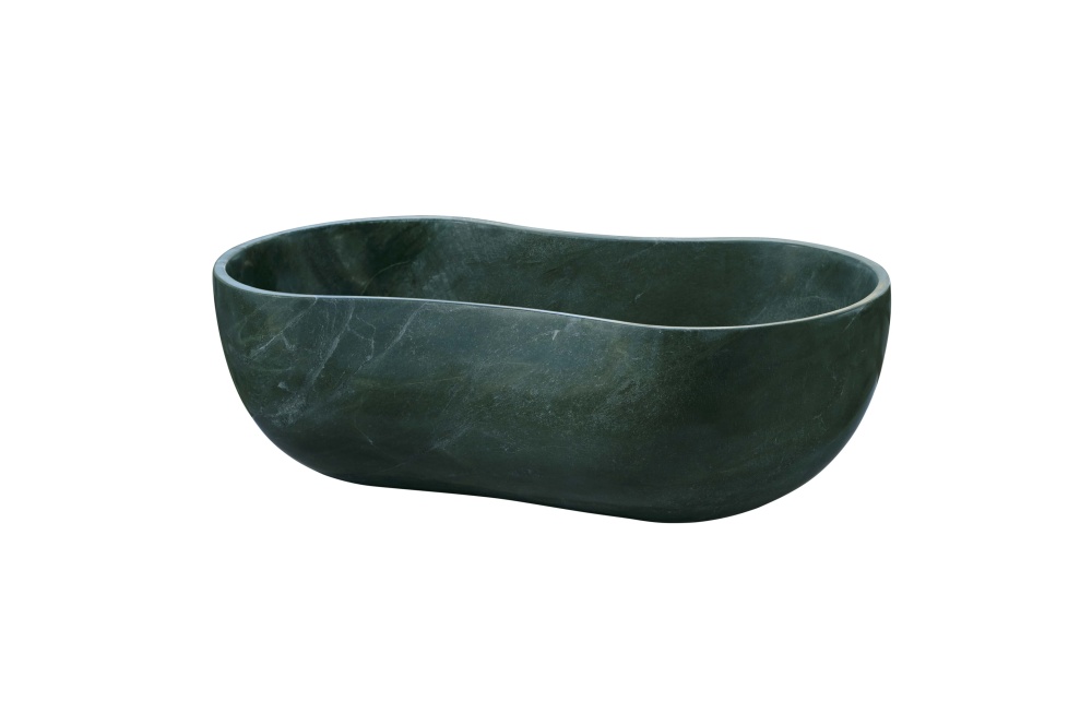 Right-angle view of the polished Diamond Green marble vessel sink, emphasizing the smooth, continuous wavy silhouette and solid stone density.