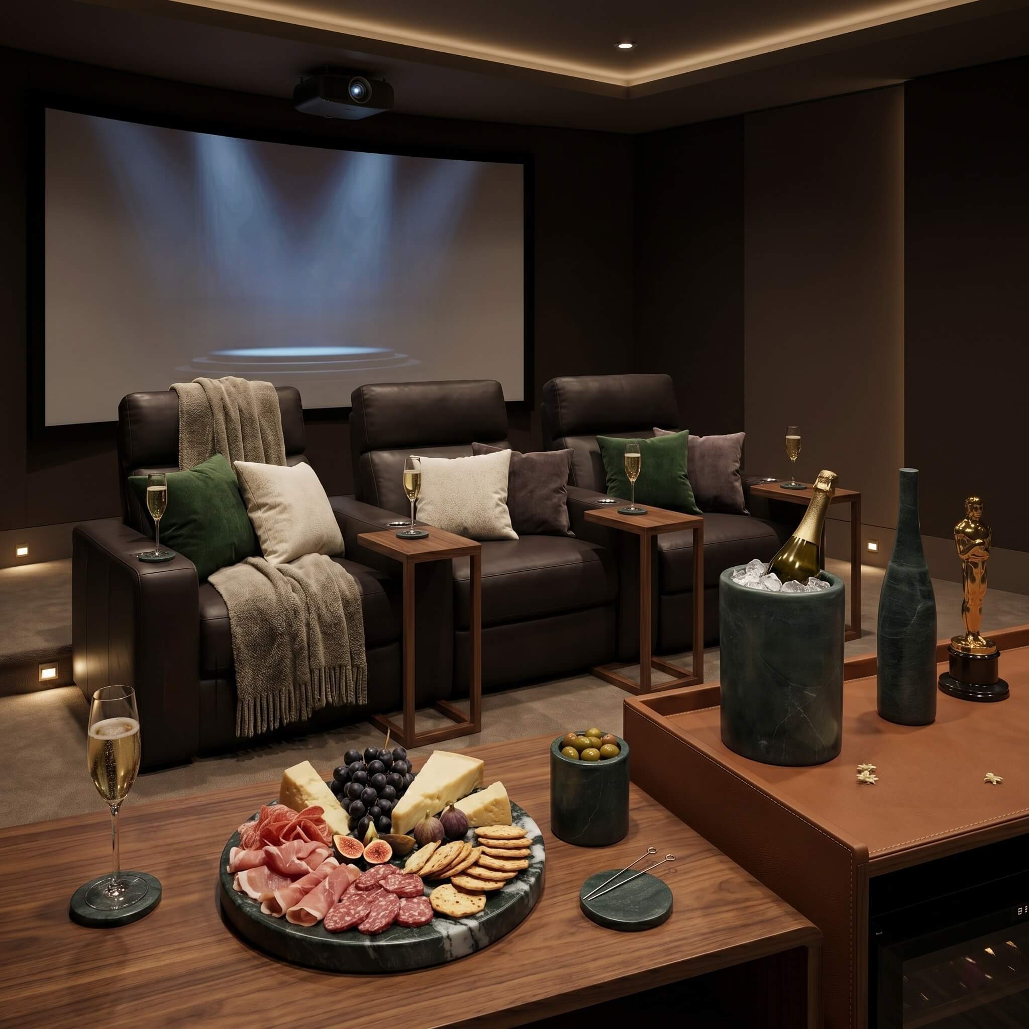 10-piece marble set used for snacks and drinks in a high-end home theater with leather recliners and projector screen.