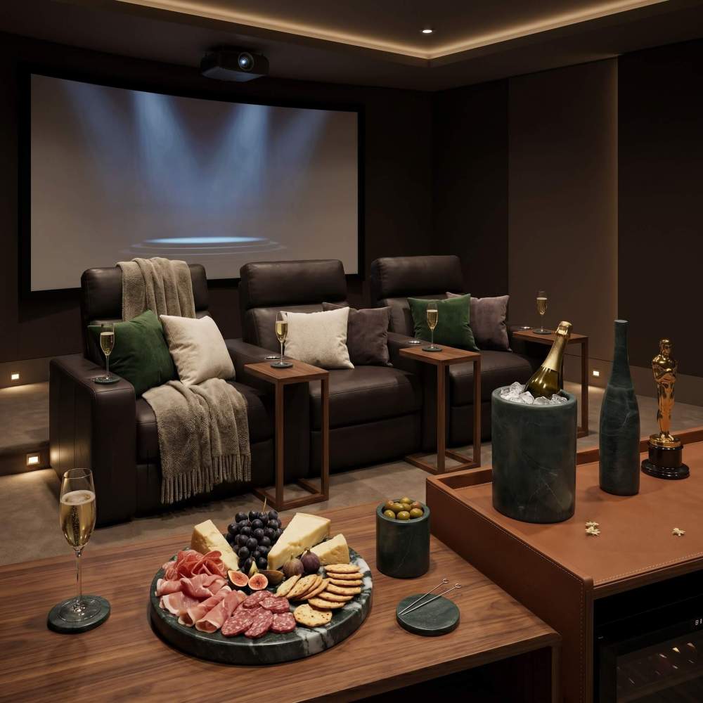 10-piece marble set used for snacks and drinks in a high-end home theater with leather recliners and projector screen.