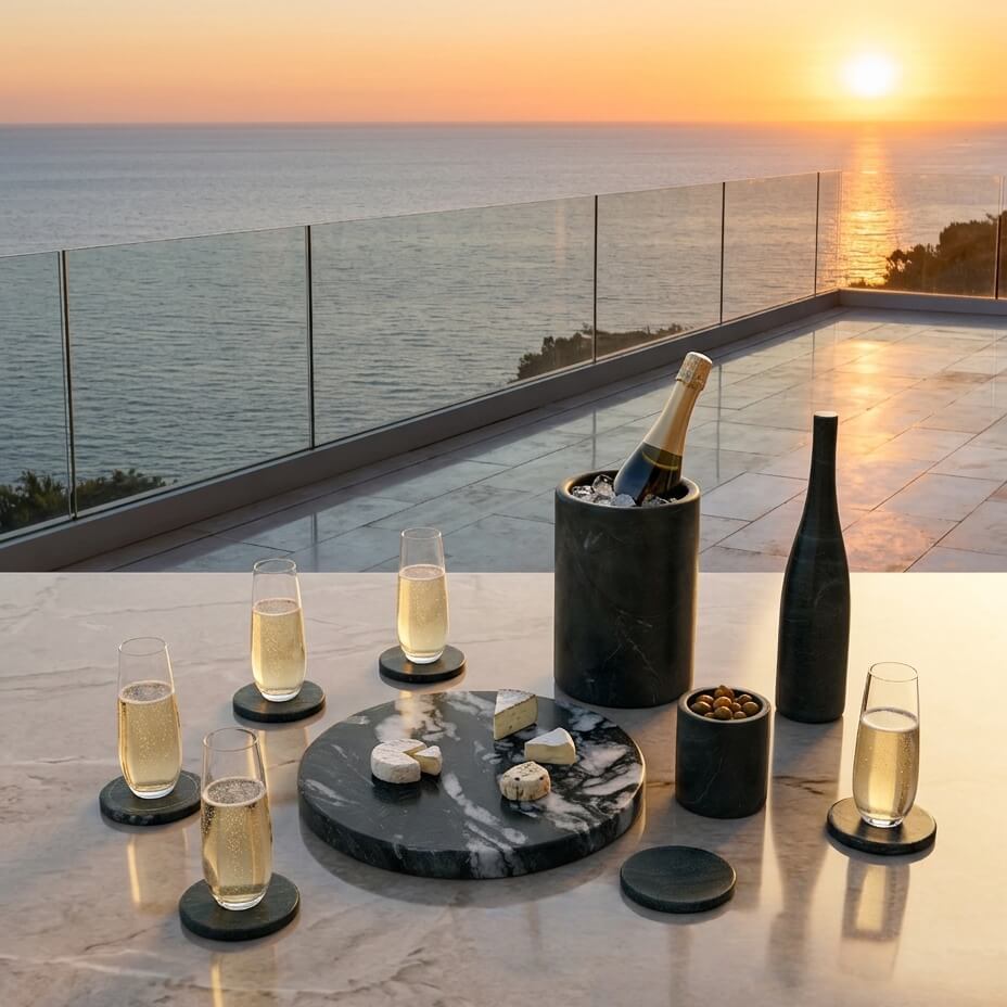 Top view of Diamond Green marble barware set on a marble counter overlooking the ocean at dusk.
