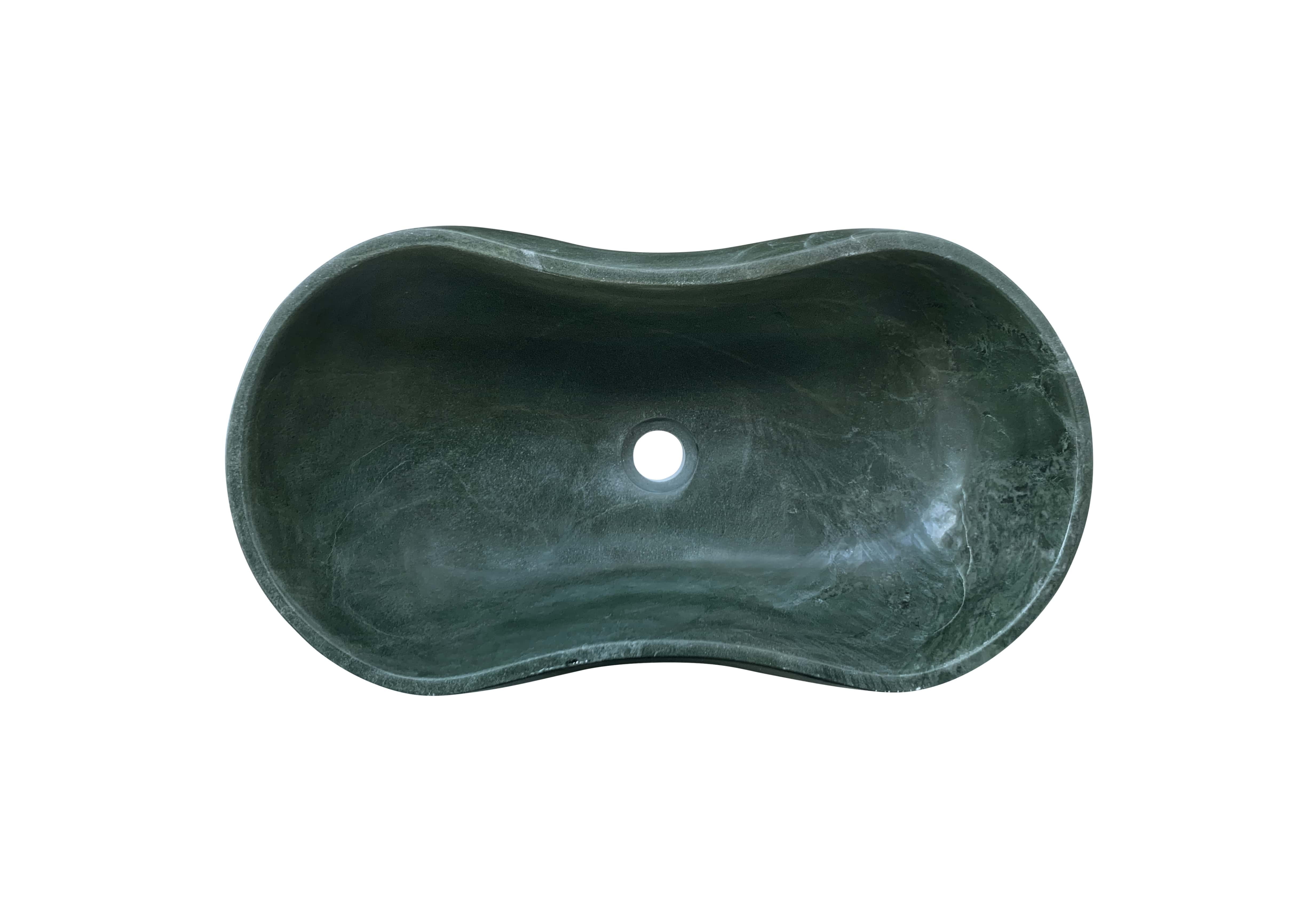 Top view of a wave-shaped Diamond Green marble bathroom basin showing the organic curves and pre-drilled standard drain hole.