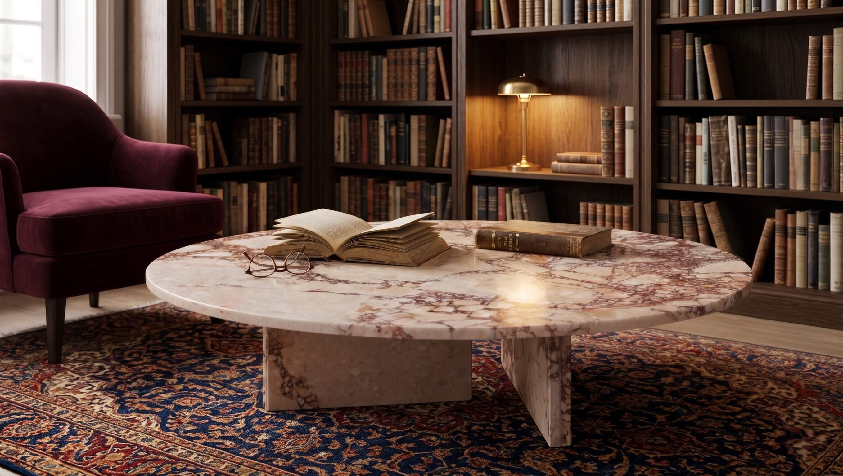 Professional library setting showcasing the Diamond Pink marble coffee table as a center anchor among dark wood bookshelves and classic decor.