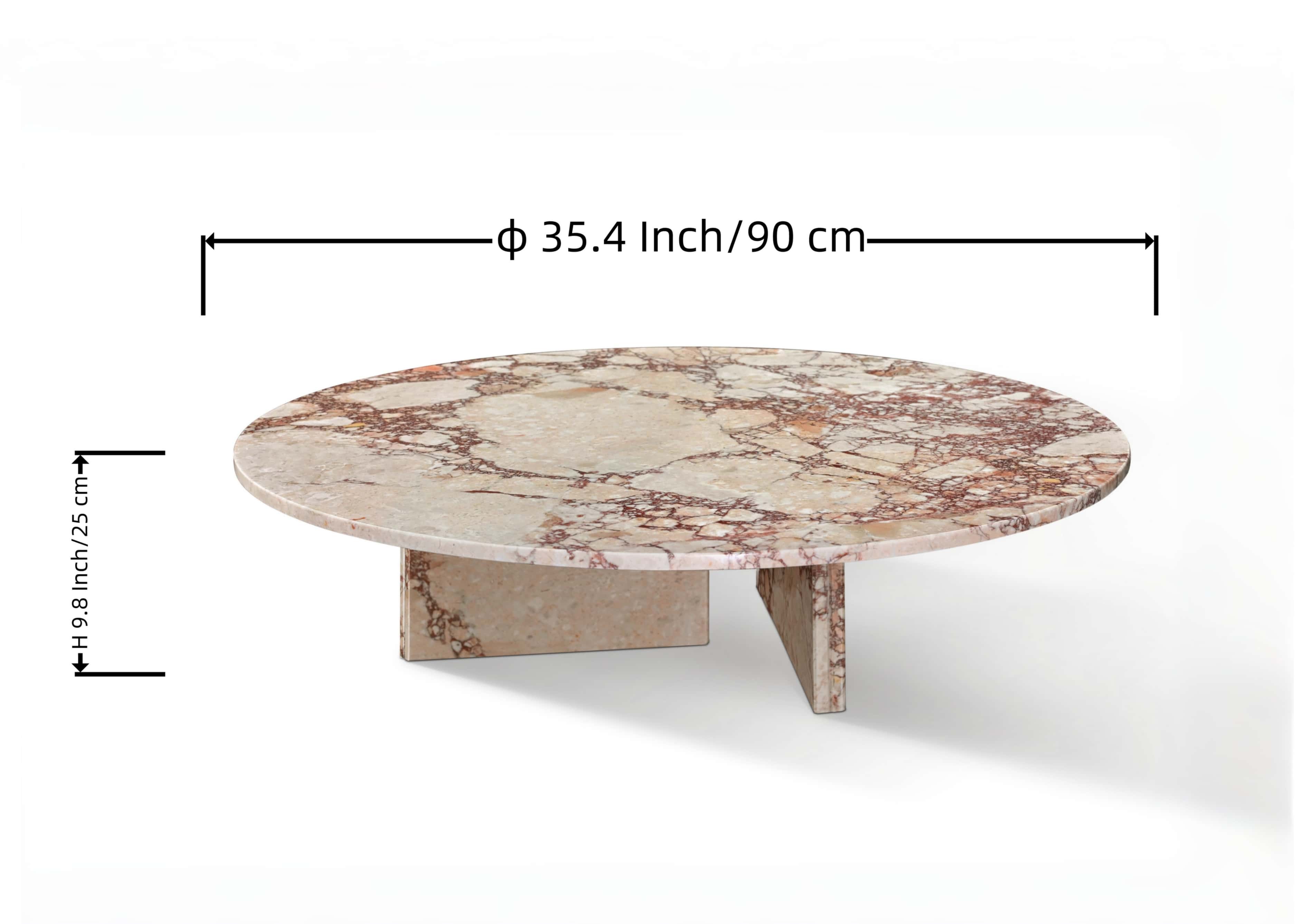 Technical dimension diagram for the circular marble table: 35.4-inch (90cm) diameter and 9.8-inch (25cm) height for modern living room spaces.