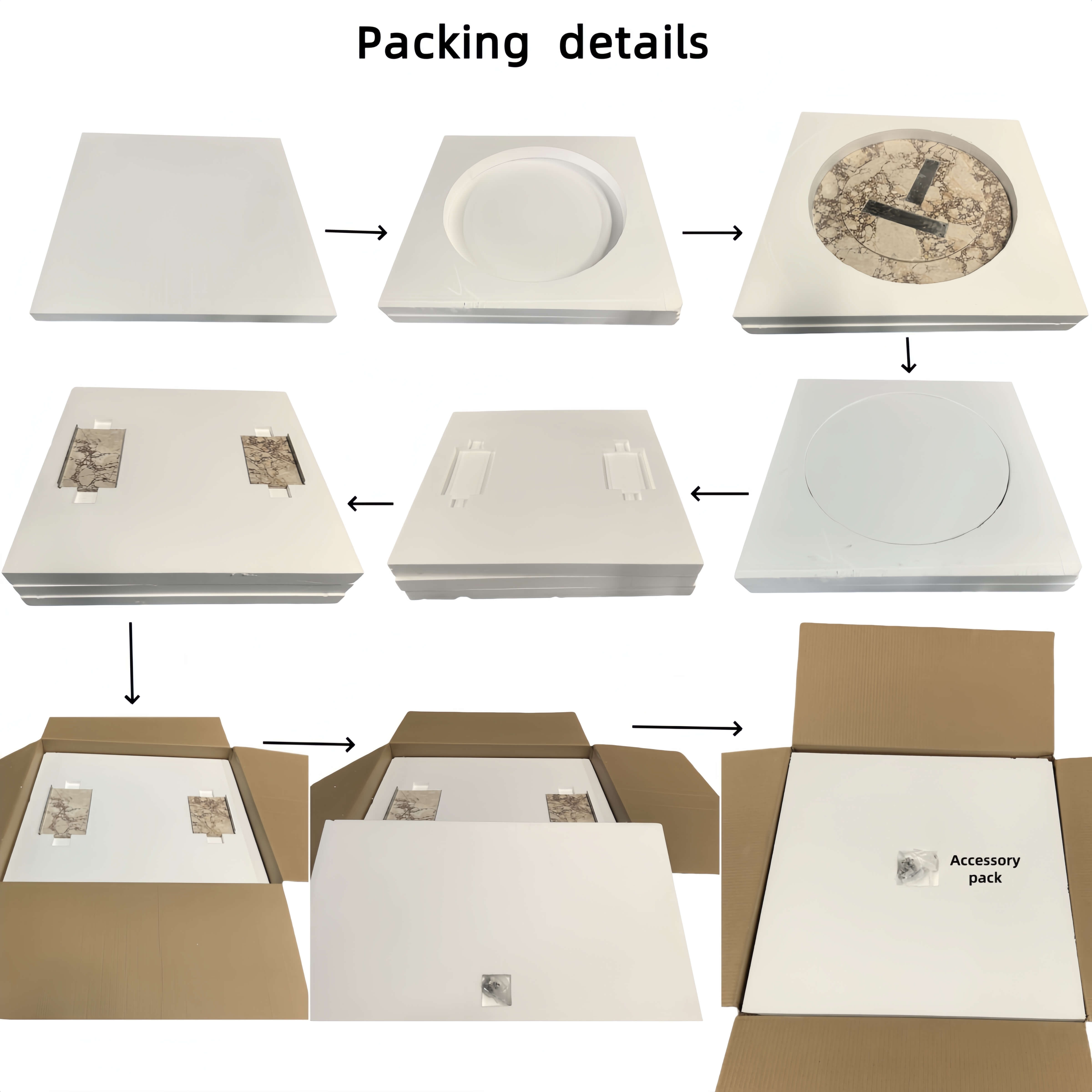Professional multi-layer secure packaging process for marble furniture featuring custom-fit high-density foam and reinforced export cartons.