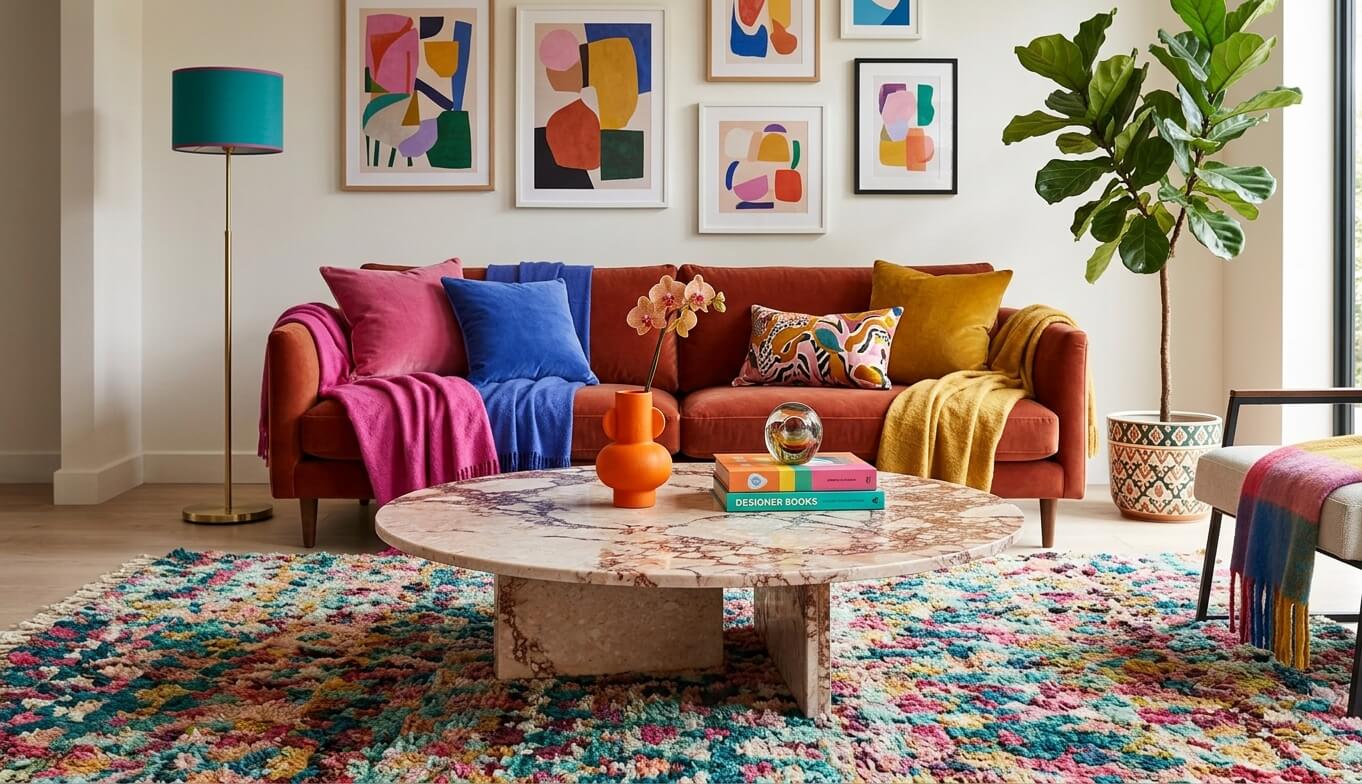 Post-modern eclectic living space layout featuring a Diamond Pink natural marble table paired with an orange sofa and bold abstract art.