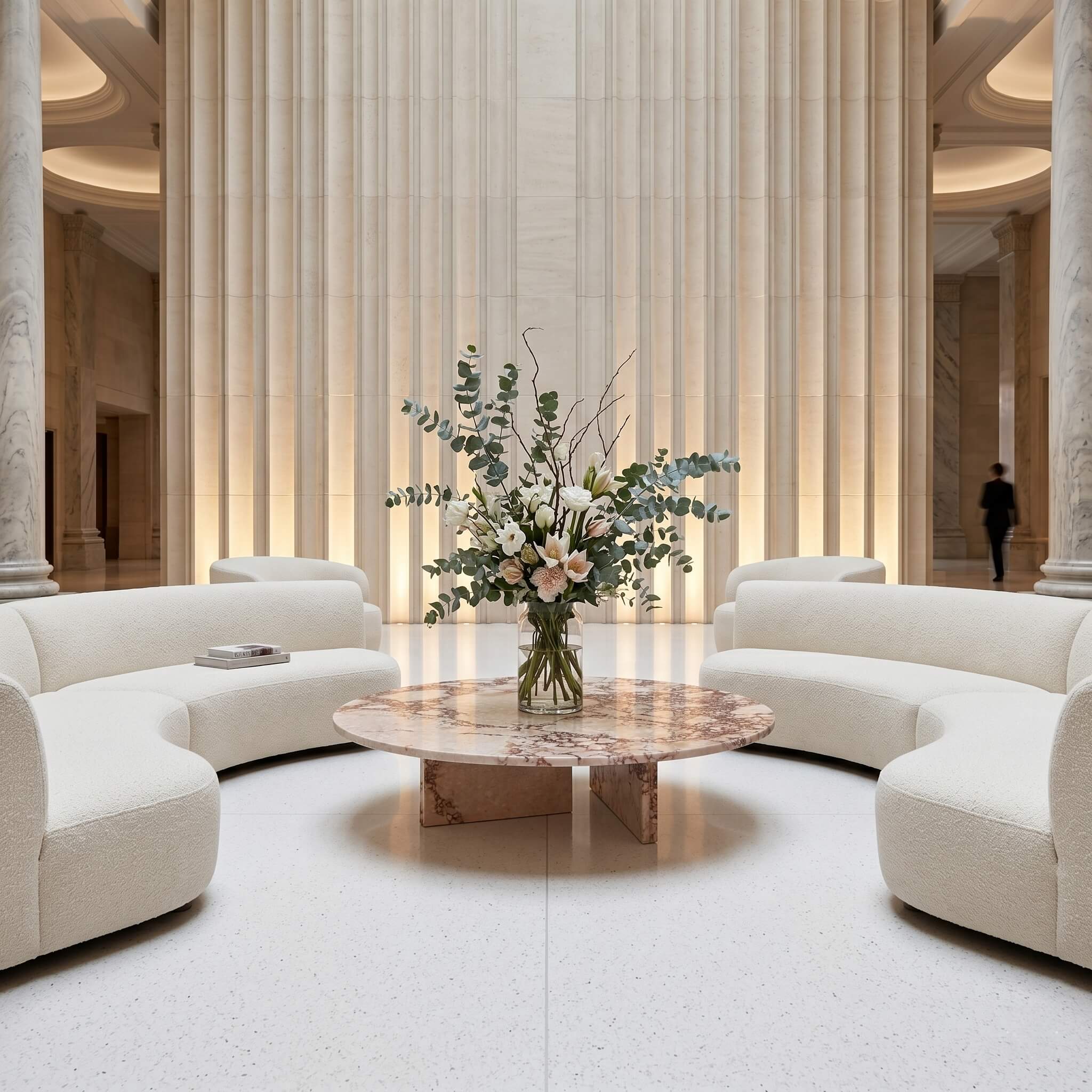 Commercial-grade luxury marble coffee table styled in a high-end hotel lobby with fluted wall panels and curved architectural seating.