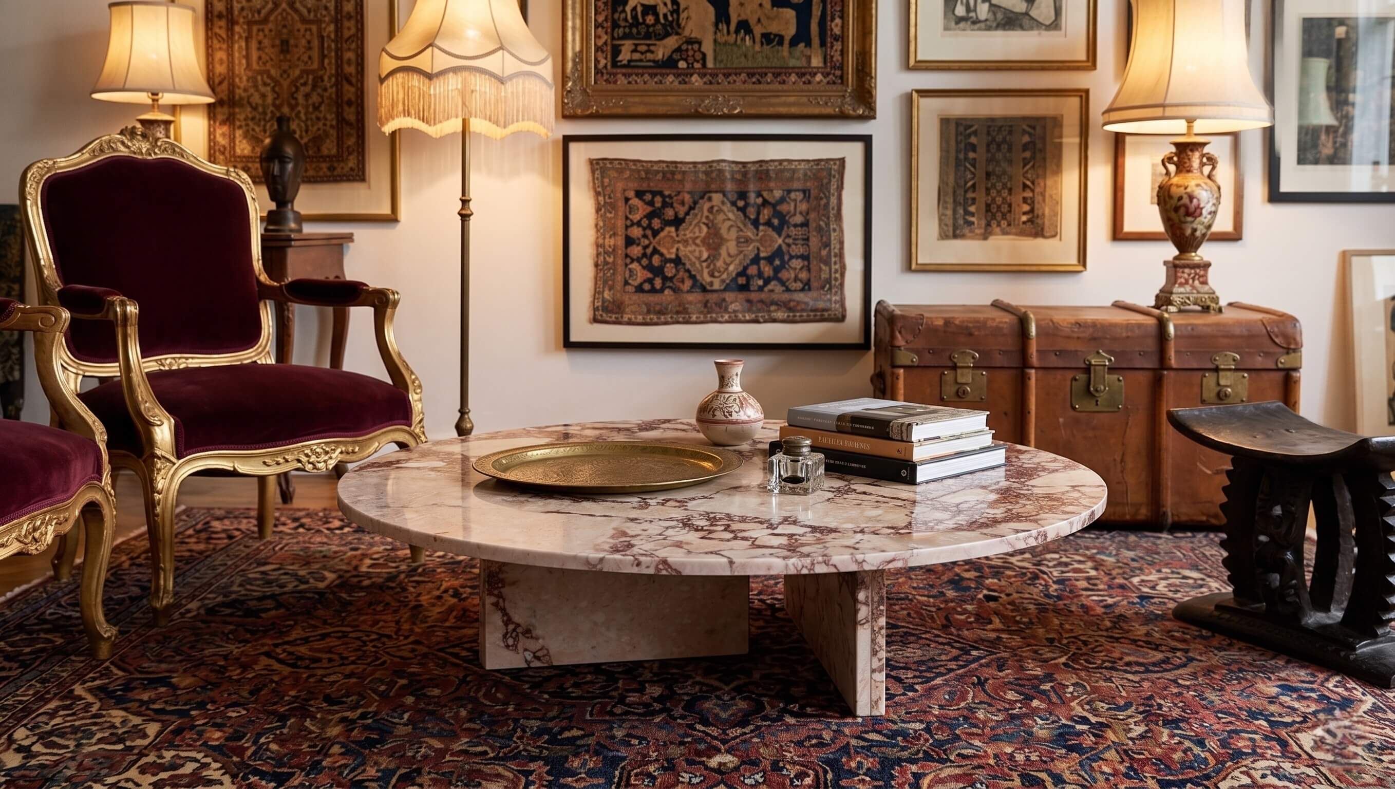 Luxury 35.4-inch pink natural stone coffee table in a curated maximalist lounge featuring vintage velvet armchairs and Persian rugs.