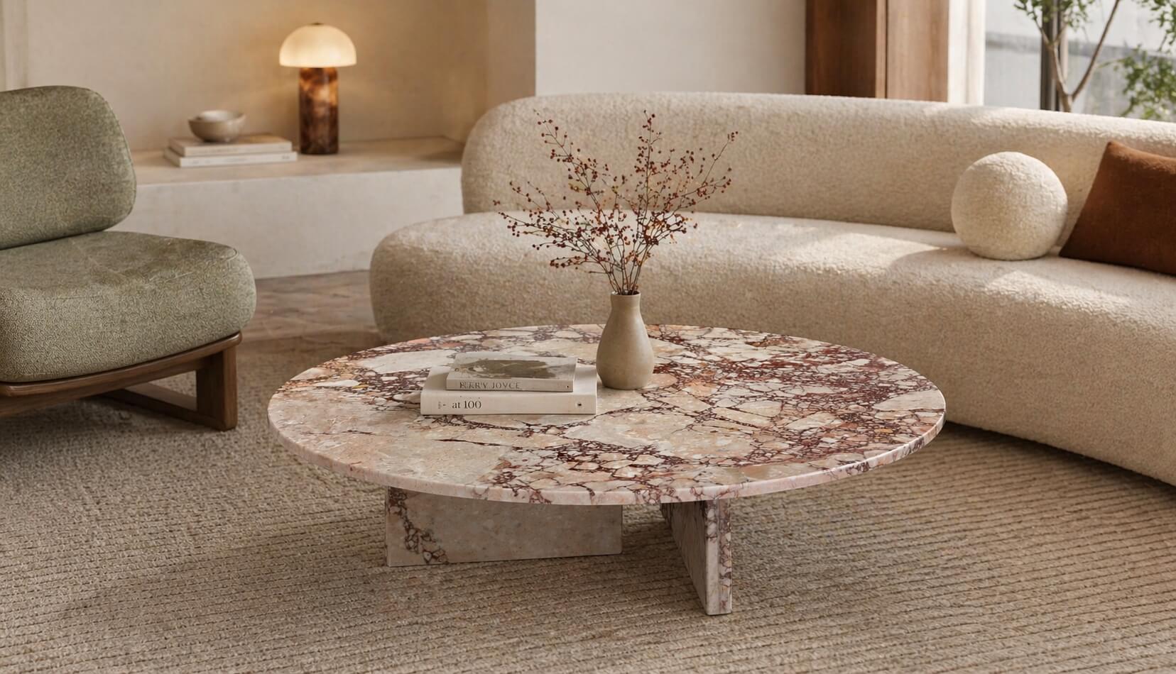 Low-profile round Diamond Pink marble coffee table styled in a Wabi-sabi interior with cream boucl&eacute; seating and natural earth tones.