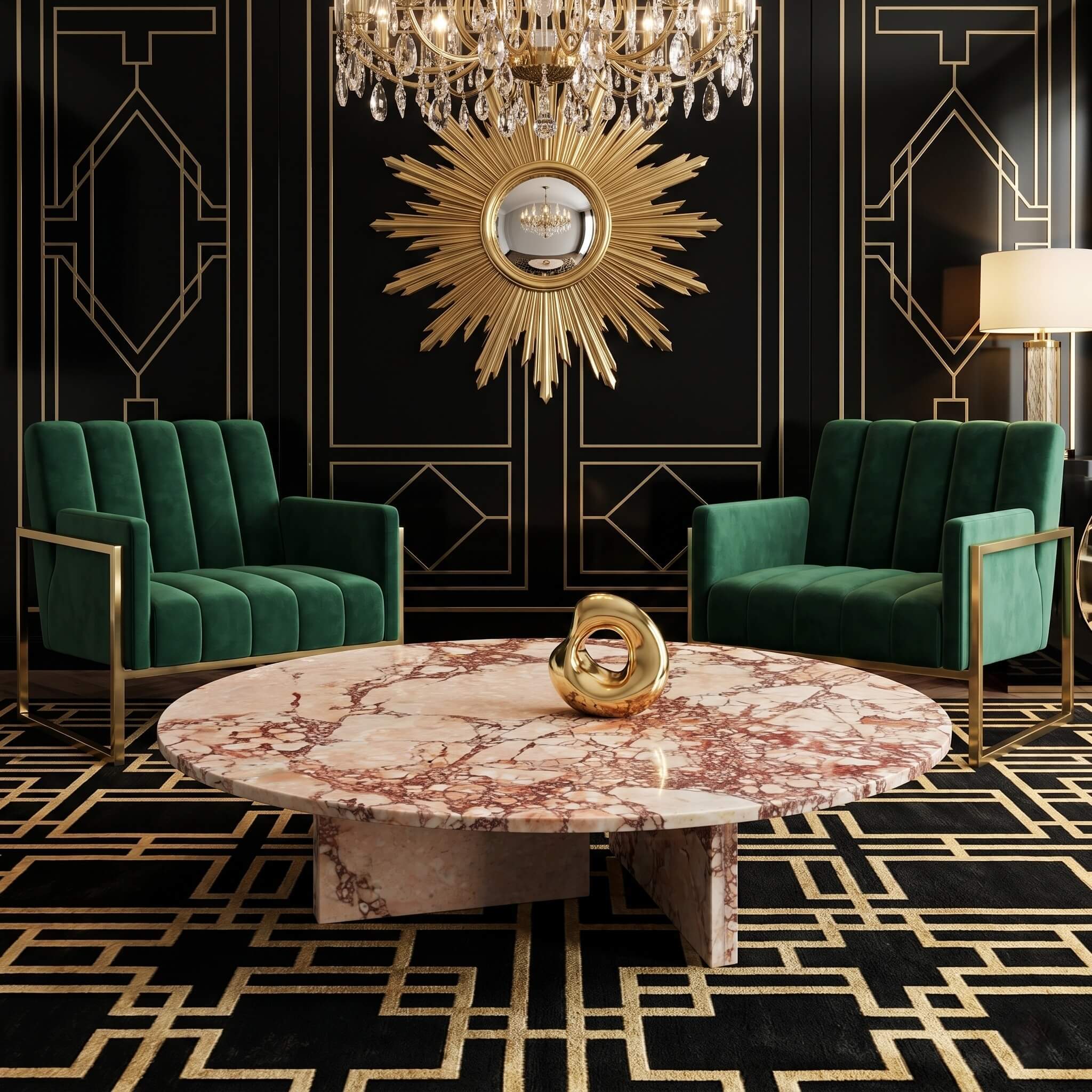 High-gloss Diamond Pink marble table reflecting opulent chandelier light in an Art Deco lounge featuring emerald green velvet and gold accents.