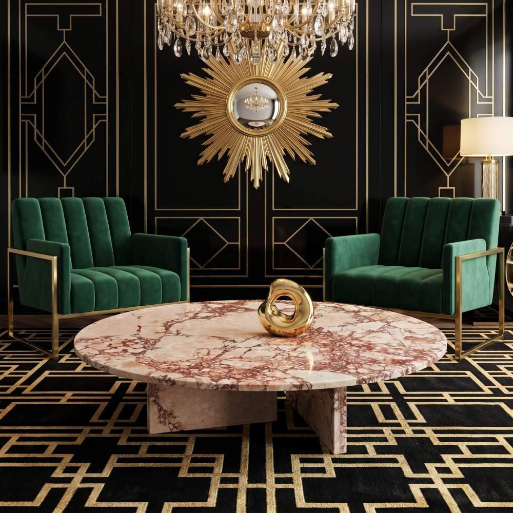 High-gloss Diamond Pink marble table reflecting opulent chandelier light in an Art Deco lounge featuring emerald green velvet and gold accents.