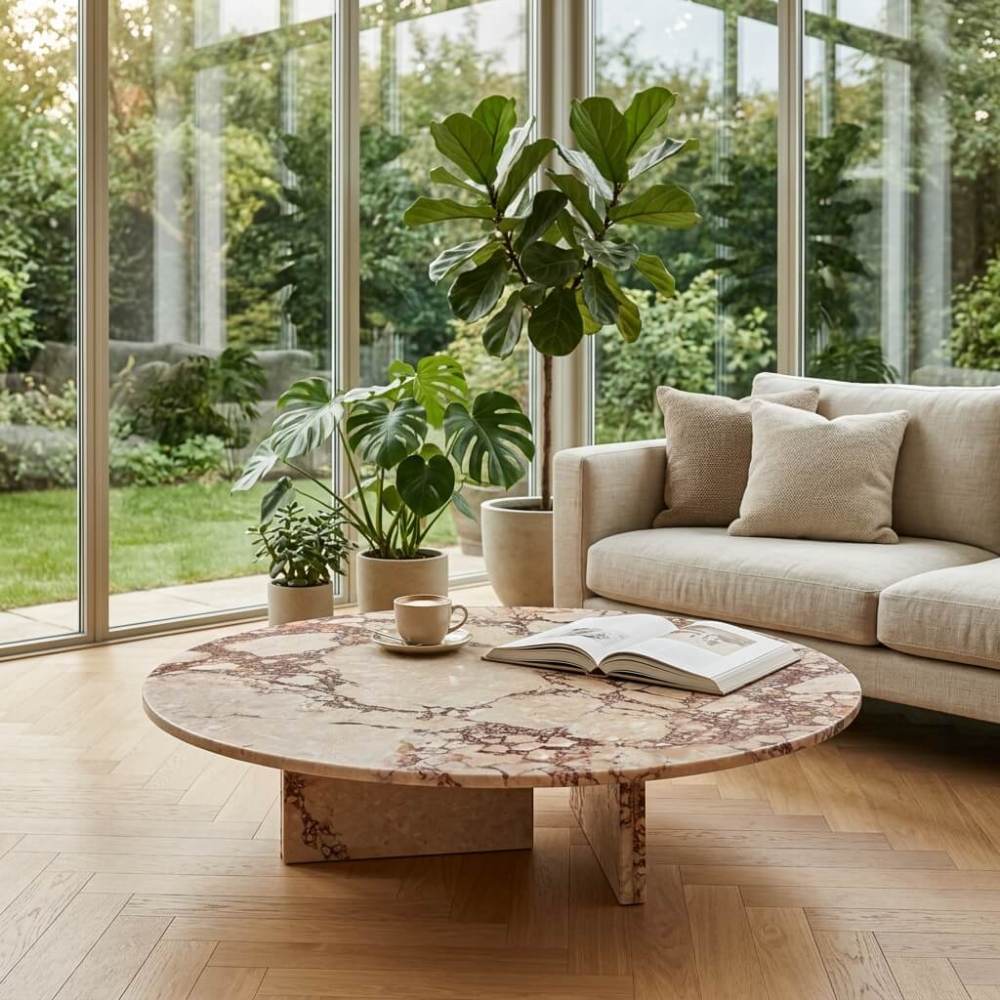 Diamond Pink natural stone coffee table in a bright biophilic sunroom, styled with indoor plants and oak herringbone flooring.