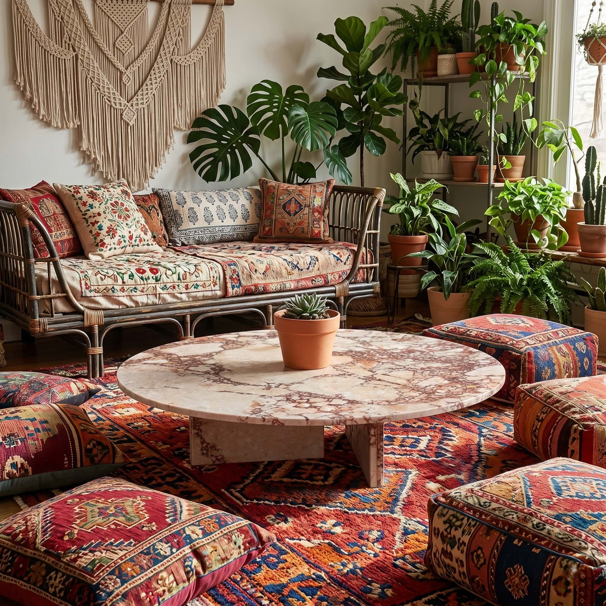 Low-profile round pink marble coffee table anchoring a boho-chic relaxation area with layered tribal rugs, macrame, and lush indoor greenery.