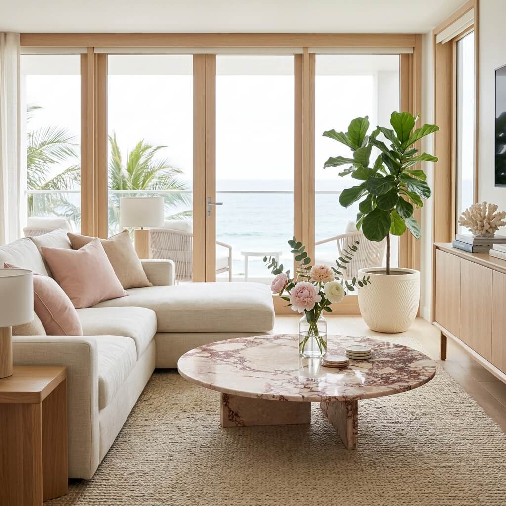 Low-profile round pink marble coffee table in a coastal modern living room featuring a cream sectional sofa and panoramic ocean views.