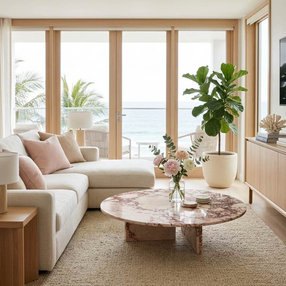 Low-profile round pink marble coffee table in a coastal modern living room featuring a cream sectional sofa and panoramic ocean views.