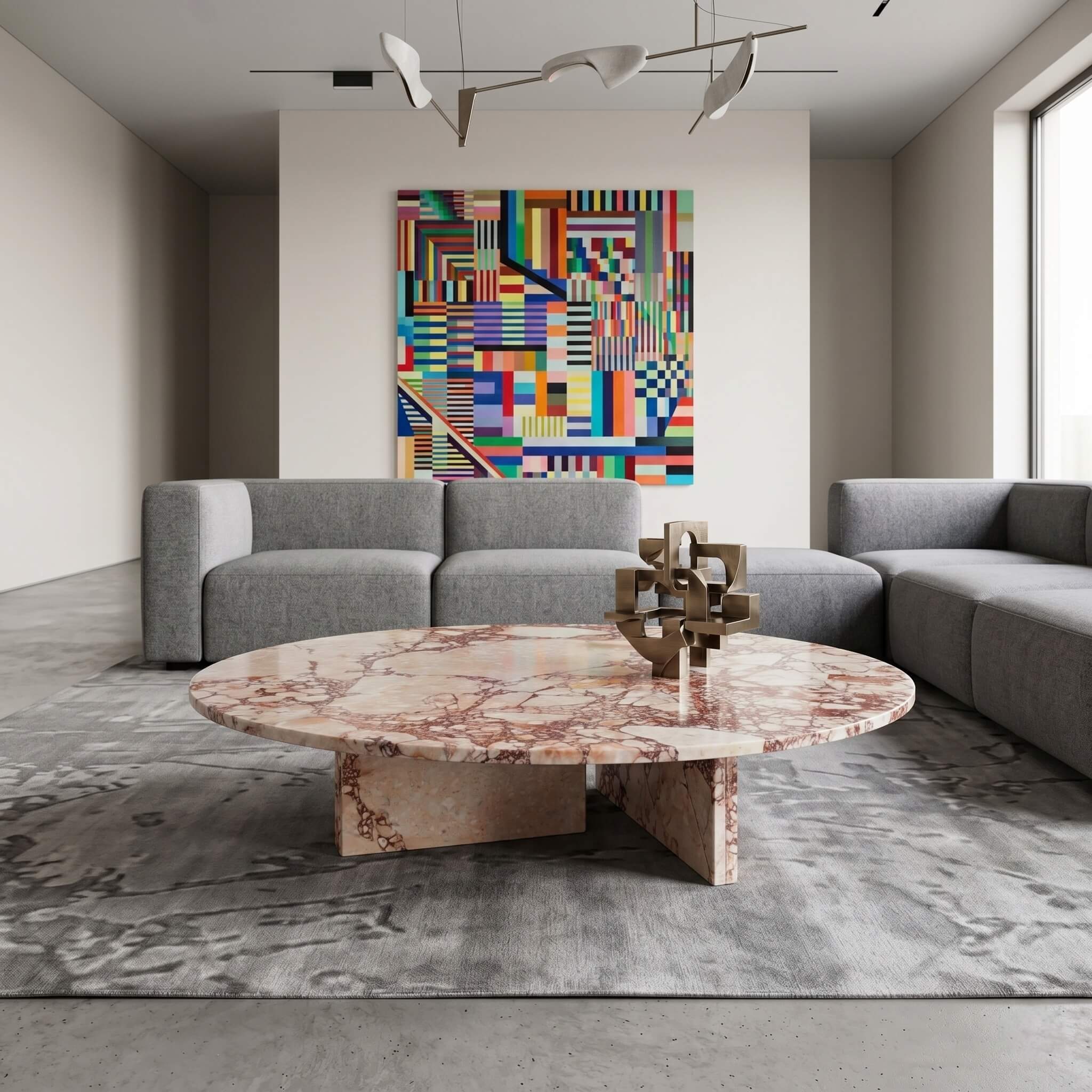 Sophisticated contemporary living room showcasing a Diamond Pink marble table paired with large-scale abstract geometric art and a concrete floor.