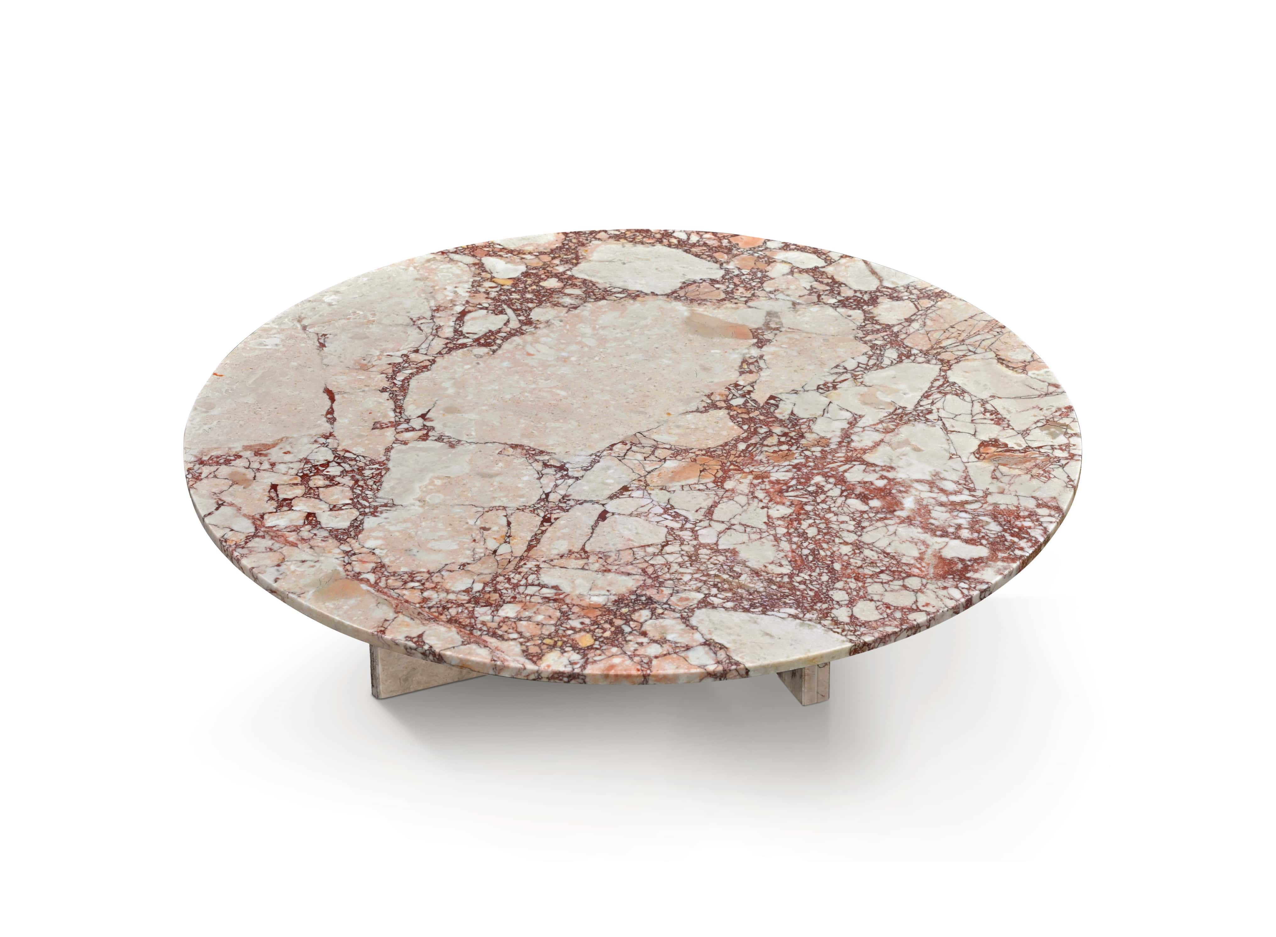 Top-view of a 35.4-inch round Diamond Pink natural marble coffee table featuring a polished finish and unique brecciated stone patterns.