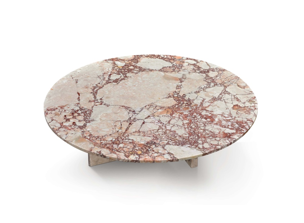 Top-view of a 35.4-inch round Diamond Pink natural marble coffee table featuring a polished finish and unique brecciated stone patterns.
