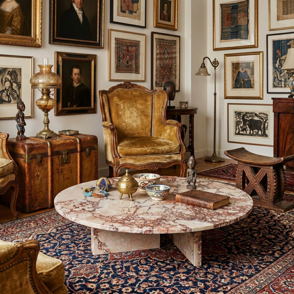 A Diamond Pink marble coffee table serves as a natural centerpiece in an eclectic living room, contrasting with vintage portraits and antique velvet textures.
