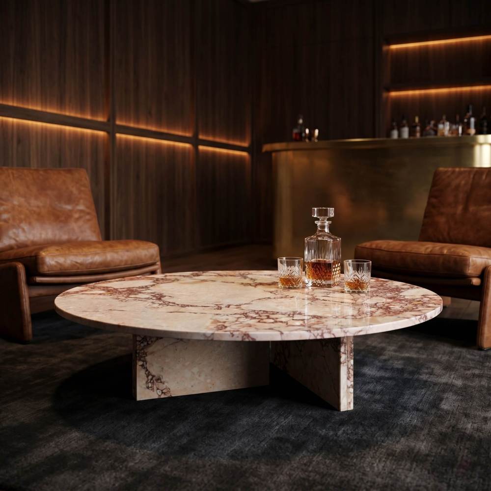 Polished Diamond Pink marble coffee table in a moody home bar lounge, styled with crystal decanters and leather armchairs against wood-paneled walls.