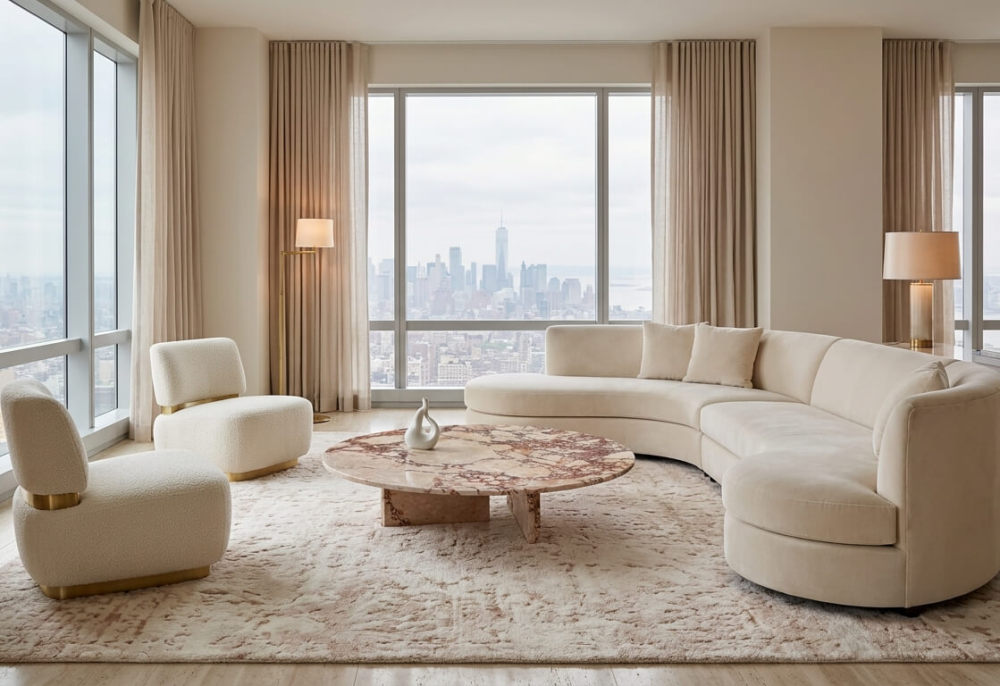 High-end penthouse living room showcasing a large Diamond Pink marble table, curved bouclé seating, and panoramic New York City skyline views.