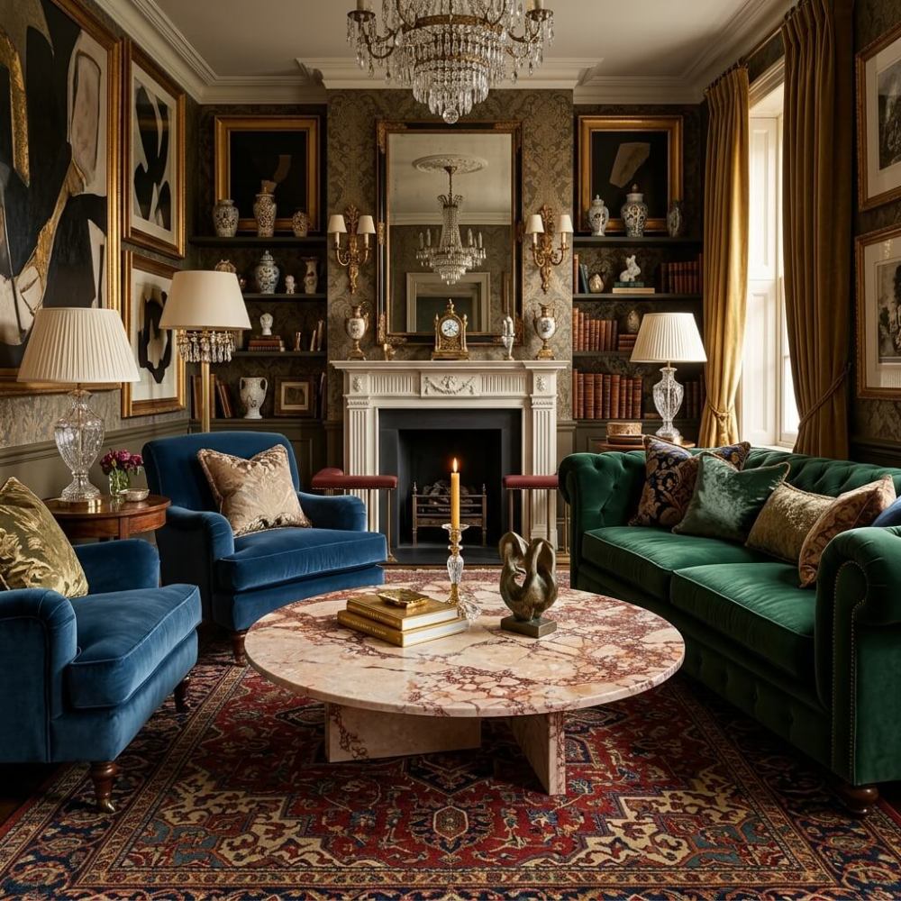 Polished Diamond Pink marble coffee table serving as a focal point in a maximalist traditional living room with emerald green velvet seating and ornate architectural details.